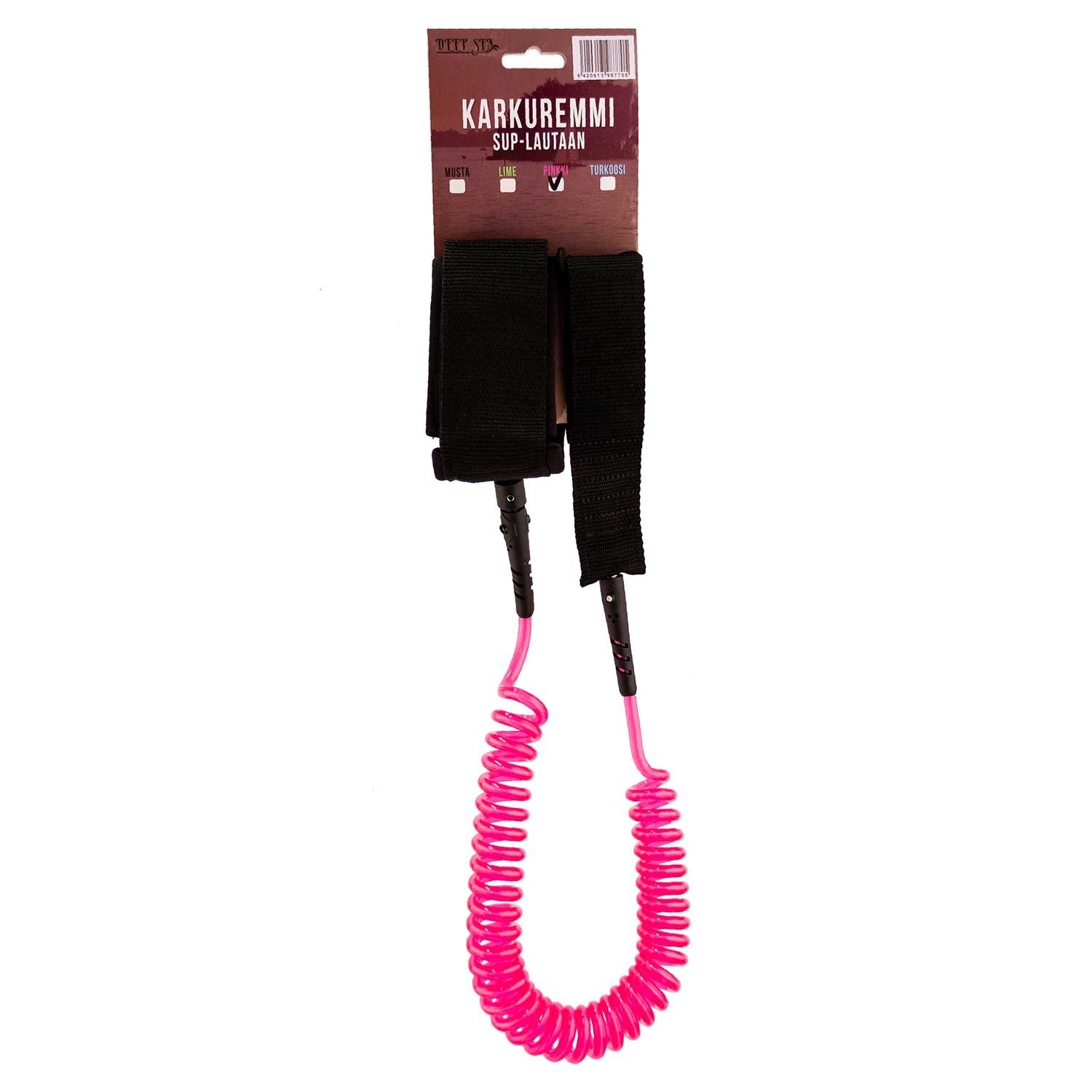 Schwarzes Klettband mit einer rosa Spiralleine für SUP-Boards.