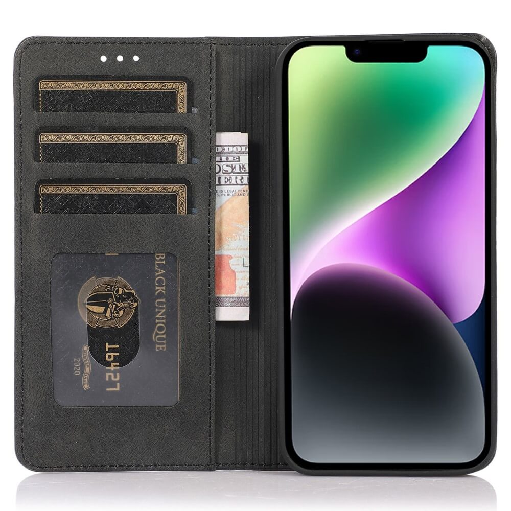 Custodia nera per telefono con slot per carte, banconota e smartphone.