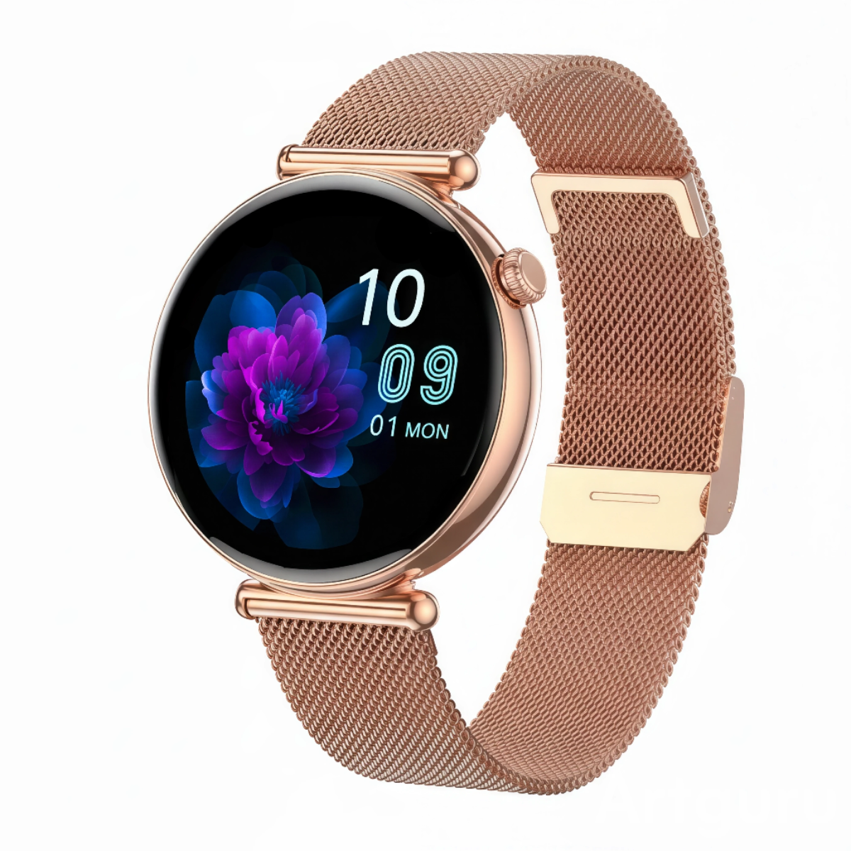 Zegarek smartwatch w kolorze różowego złota z okrągłą tarczą i kwiatem.