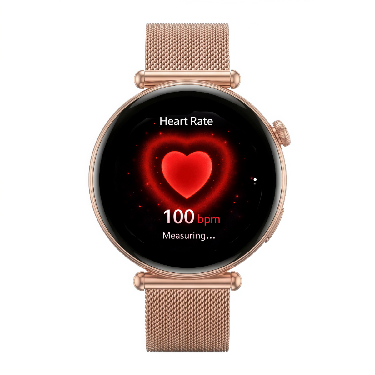 Różowo-złoty smartwatch wyświetla tętno: 100 bpm, Pomiar...