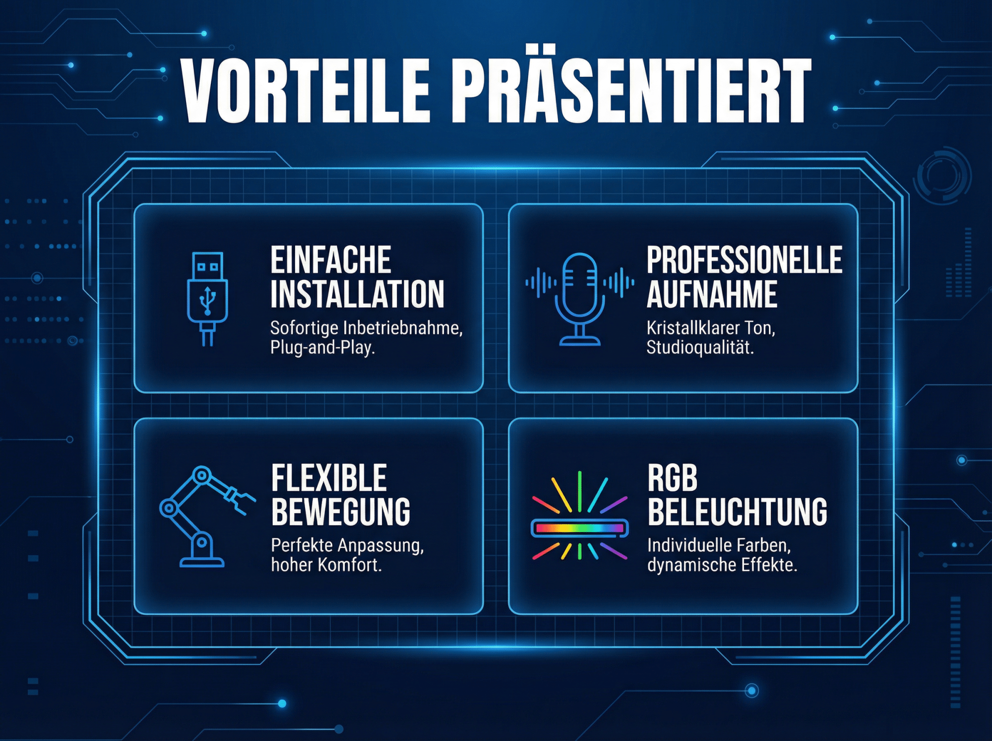 Vorteile präsentiert: Einfache Installation, Prof. Aufnahme, Flexible Bewegung, RGB Beleuchtung.