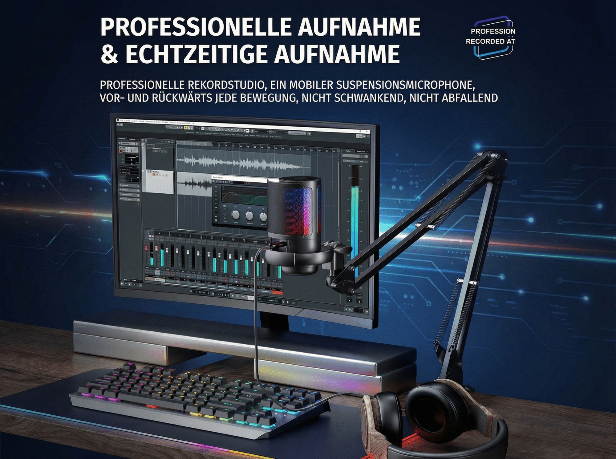Ein Schreibtisch mit Mikrofon, Tastatur, Kopfhörern und Monitor mit Musiksoftware.