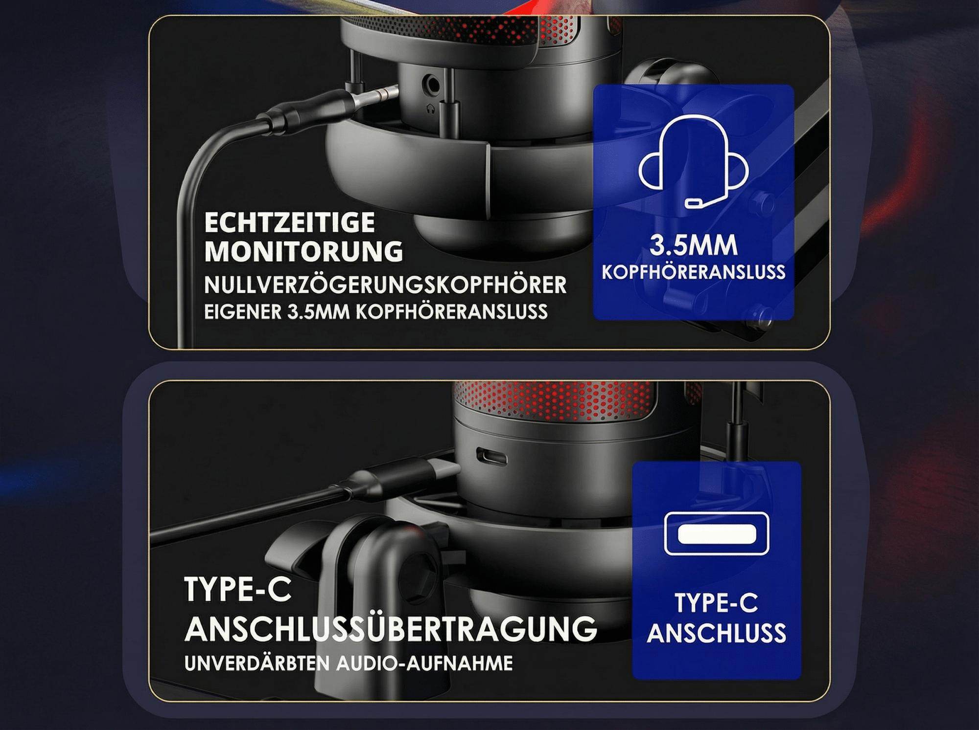 Mikrofon mit 3.5mm Kopfhöreranschluss für Echtzeit-Monitoring und USB-C für Audio.