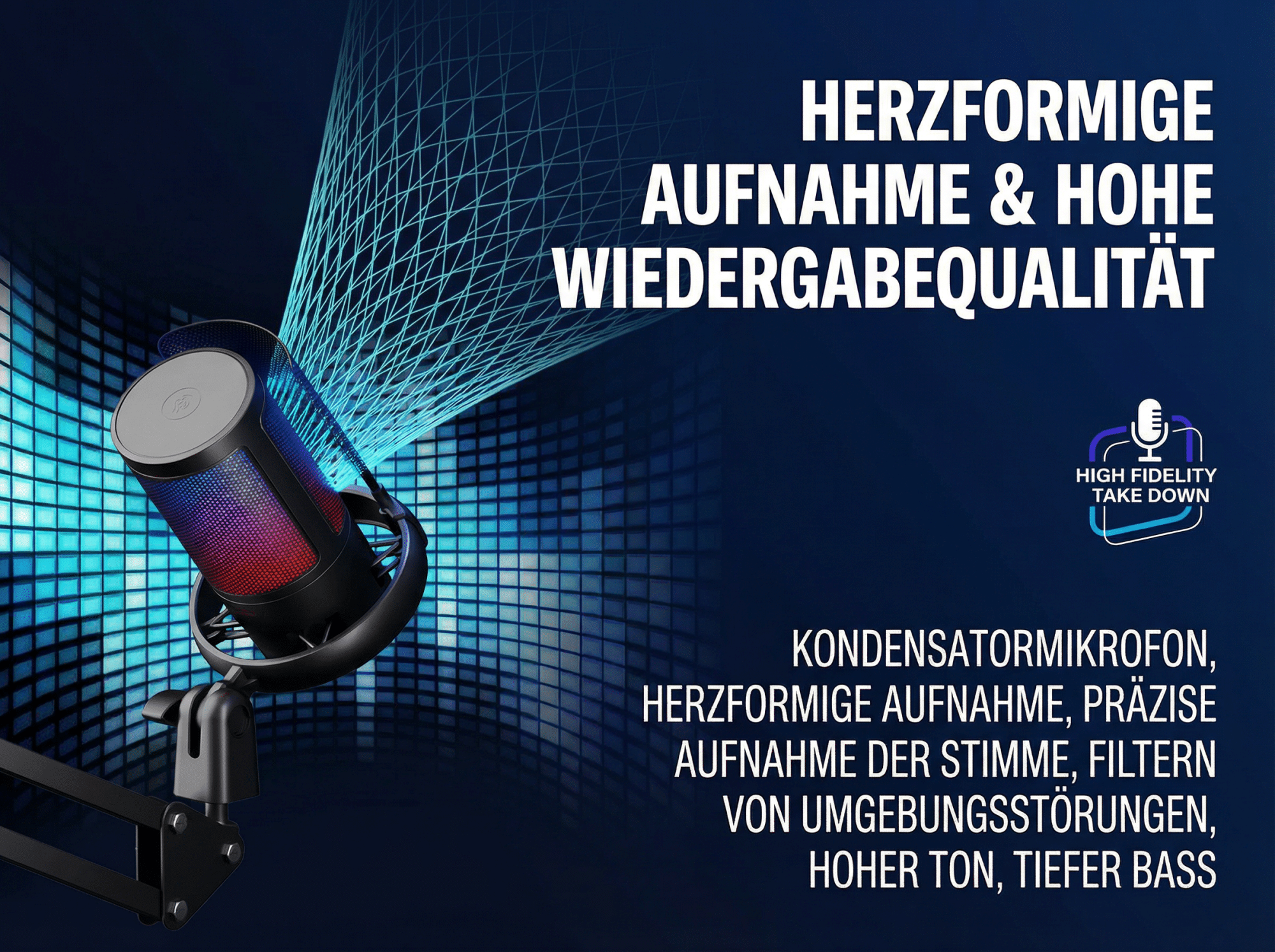Ein Kondensatormikrofon mit Herzcharakteristik und LED-Beleuchtung.