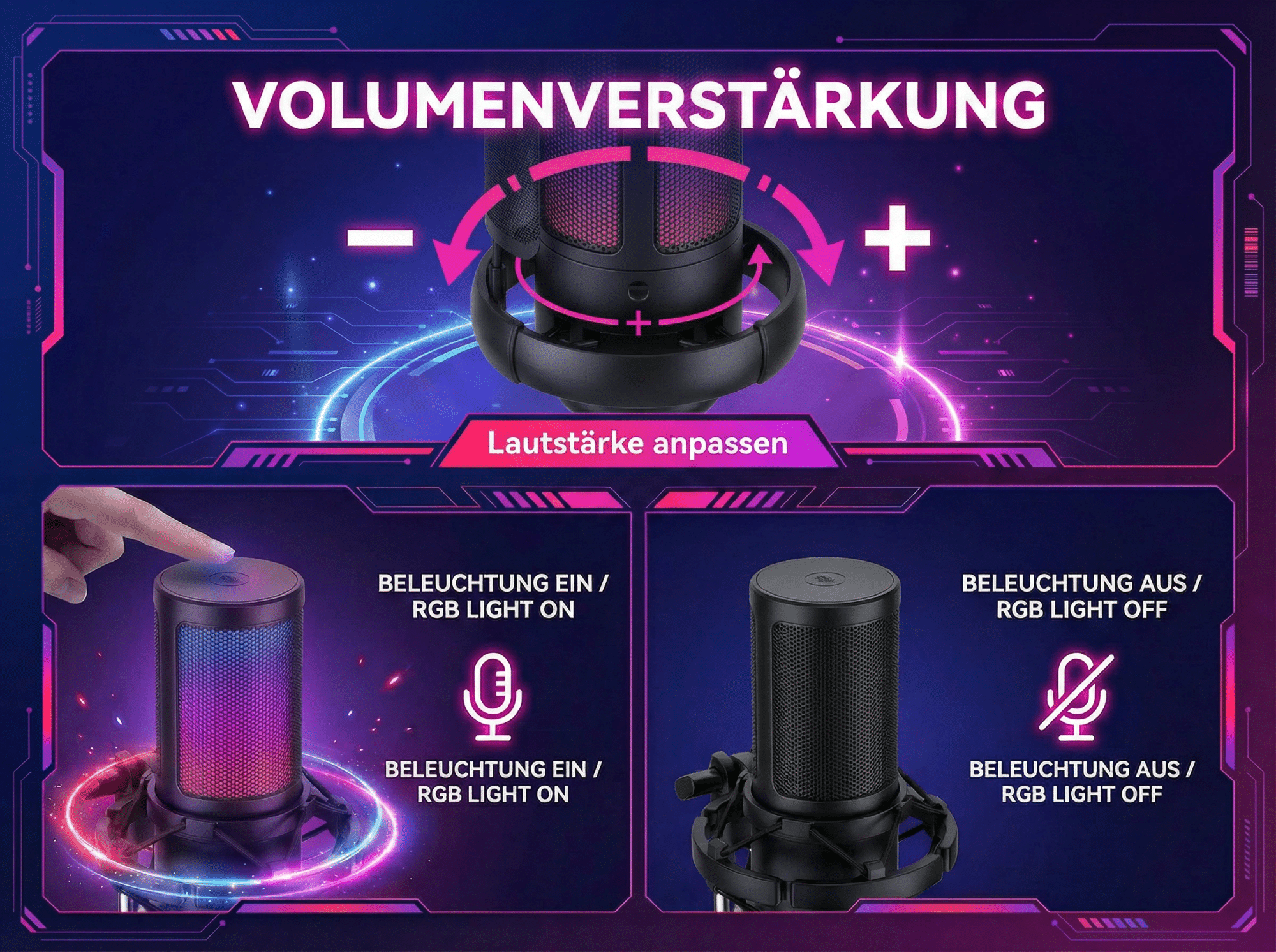 Illustration zeigt Mikrofon-Lautstärke, RGB-Licht EIN/AUS und Anpassung.