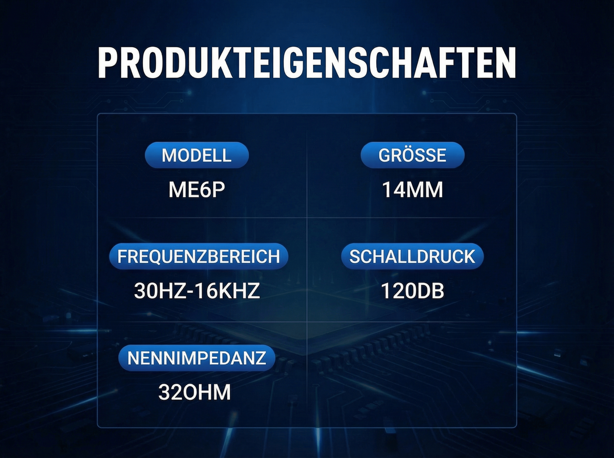 Produkteigenschaften: Modell ME6P, Grösse 14MM, Frequenz 30HZ-16KHZ, Schalldruck 120DB, Impedanz 320OHM.