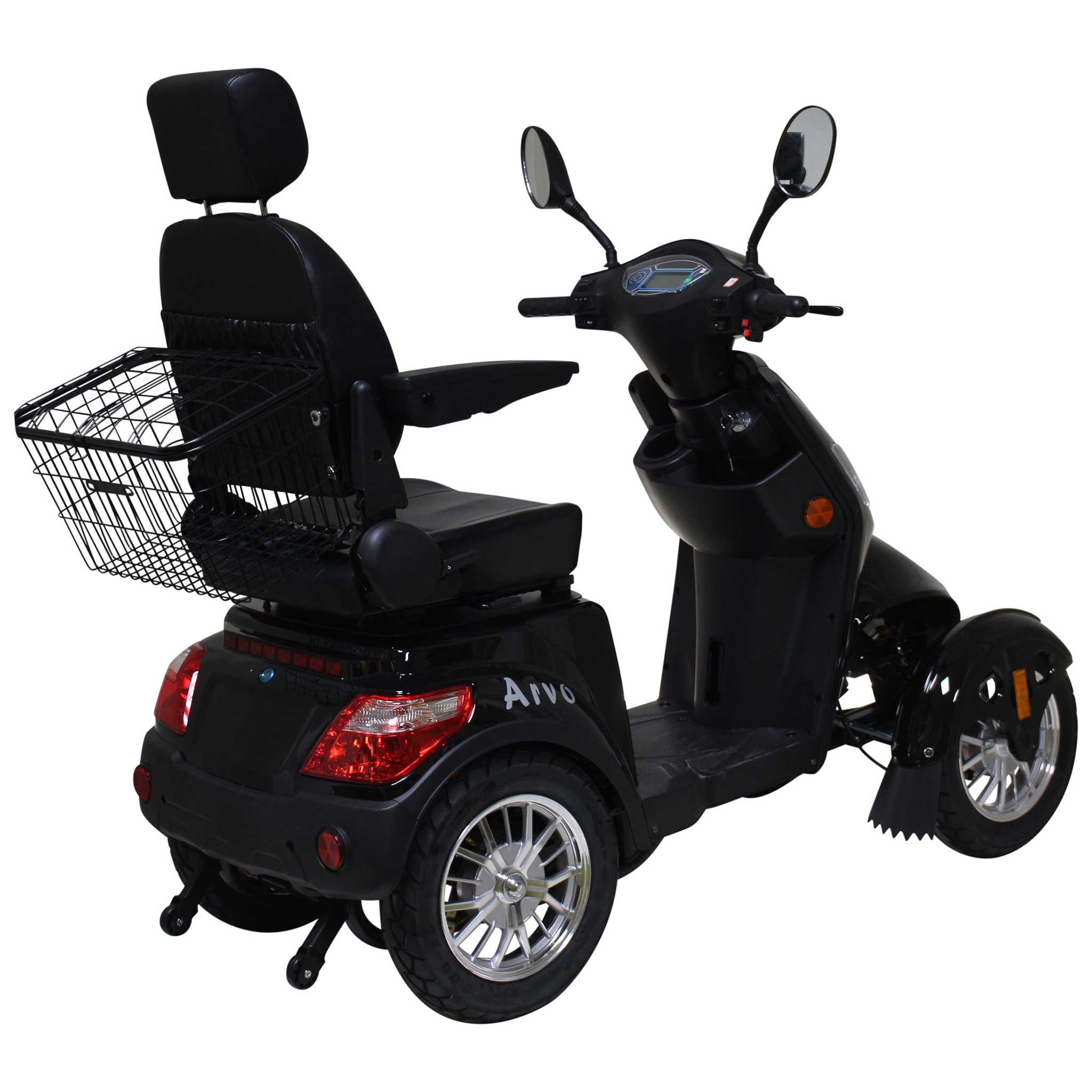 Czarny skuter trójkołowy z siedzeniem, zagłówkiem, koszem i lusterkami.