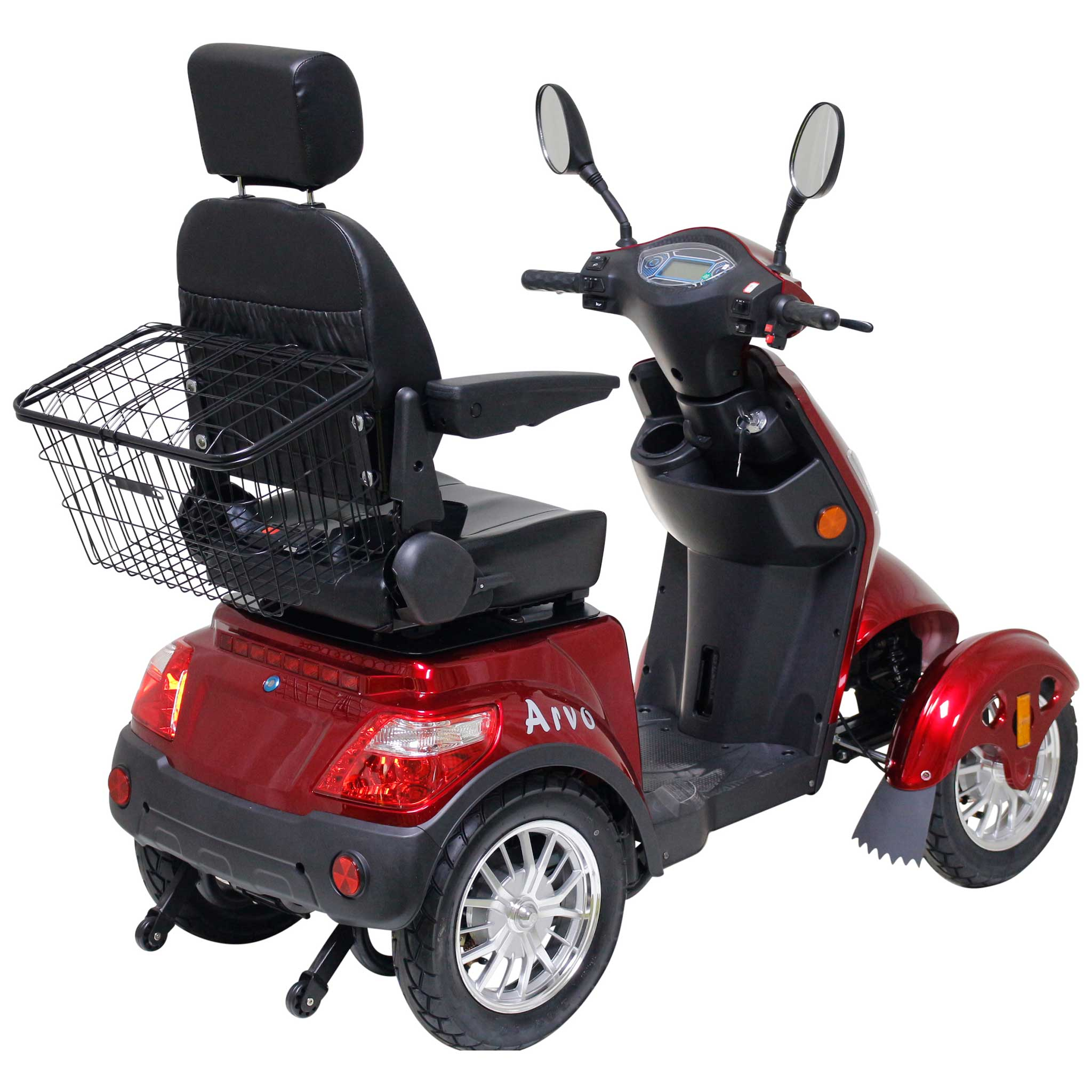 Czerwony skuter trójkołowy z czarnym siedzeniem, zagłówkiem i tylnym koszem.