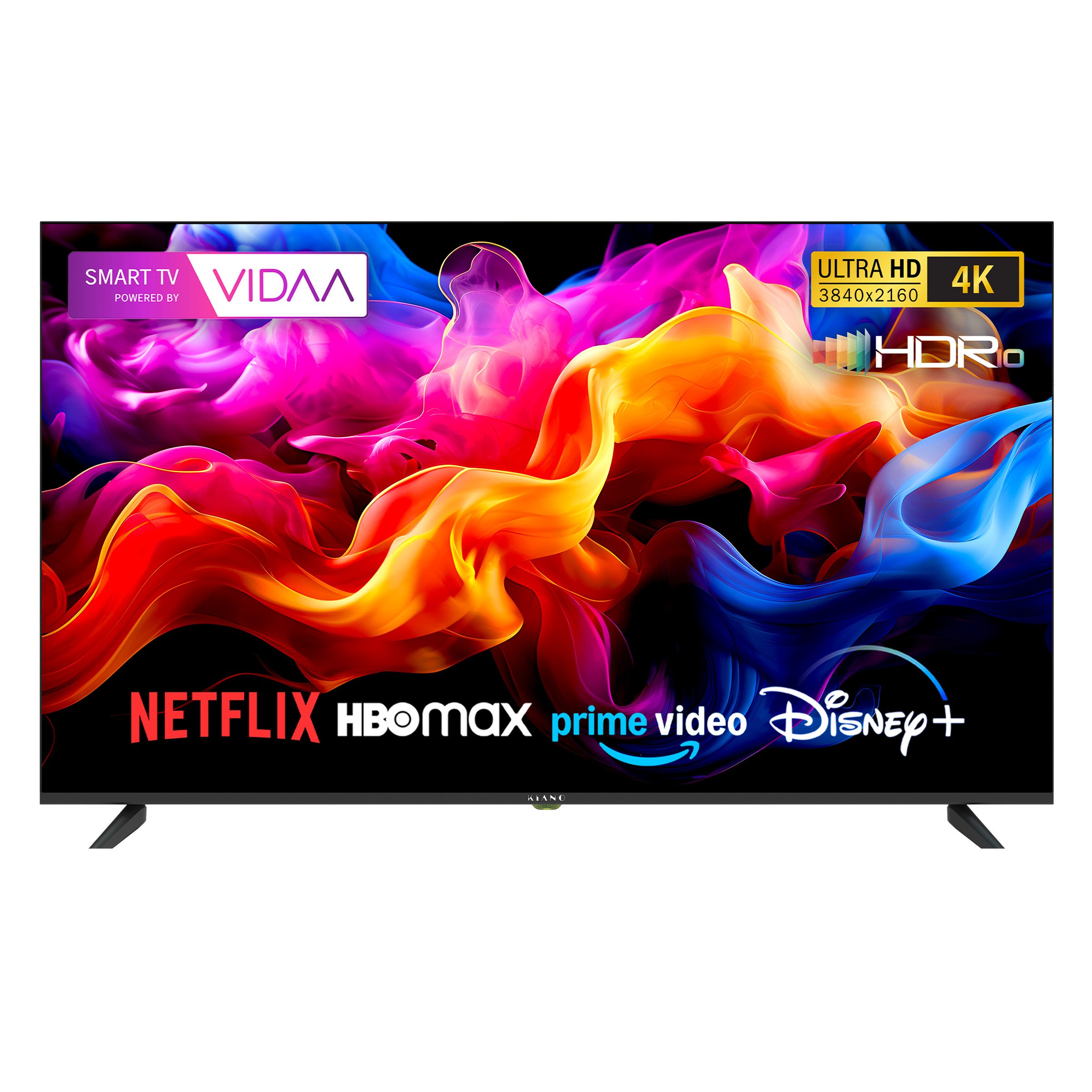 Czarny Smart TV z logo VIDAA, rozdzielczością 4K i ikonami serwisów streamingowych.