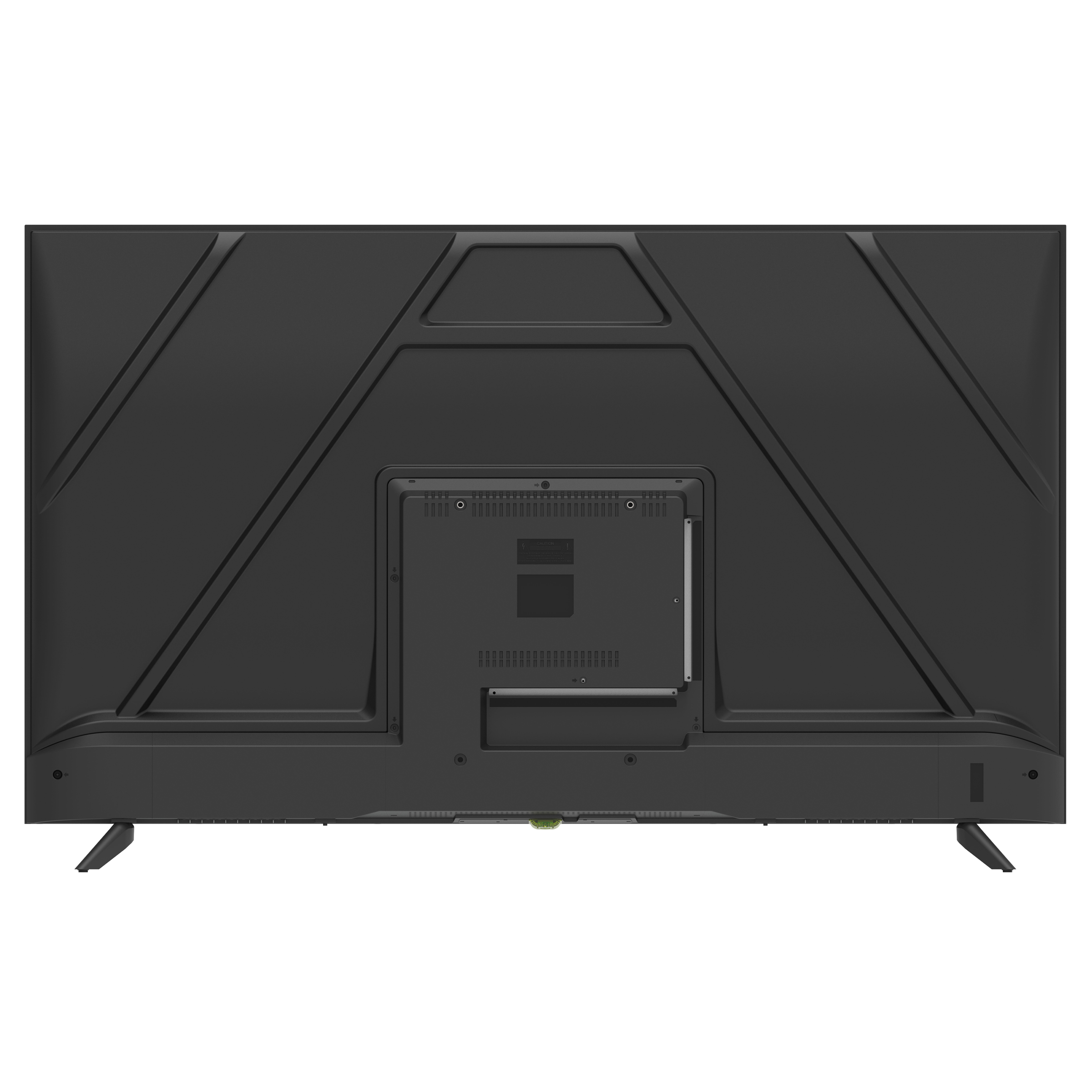 Tył czarnego telewizora z portami i podstawką. Teksturowany design.