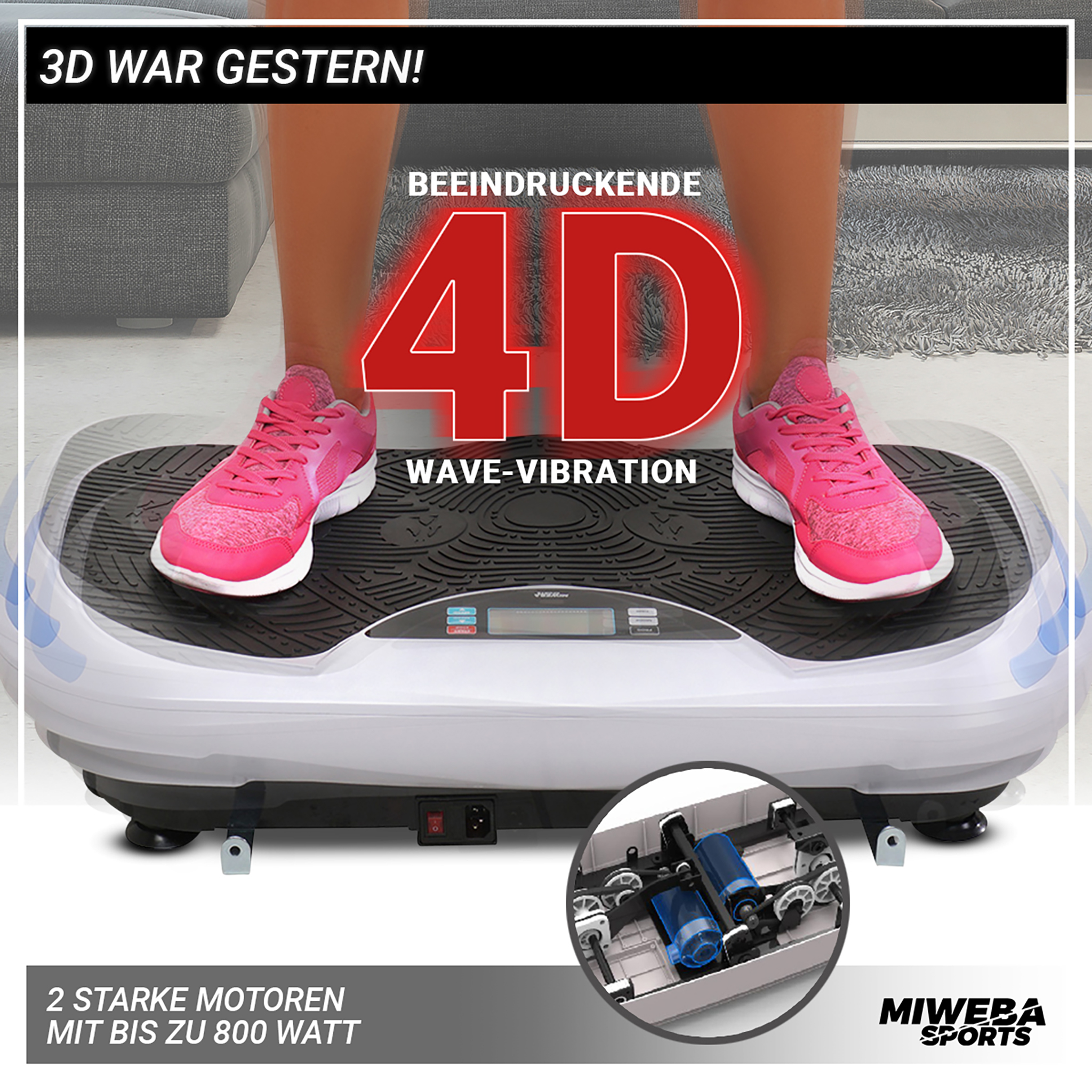 Eine Person steht auf einem weißen Vibrationsboard mit pinken Schuhen. 4D Wave Vibration.