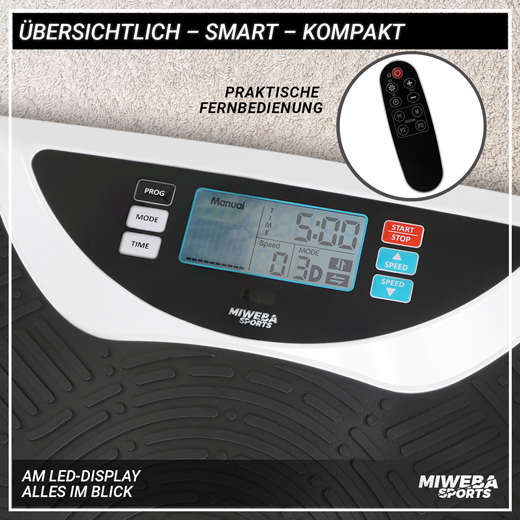 Ein Vibrationsgerät mit Fernbedienung und LED-Display zeigt Zeit und Geschwindigkeit an.