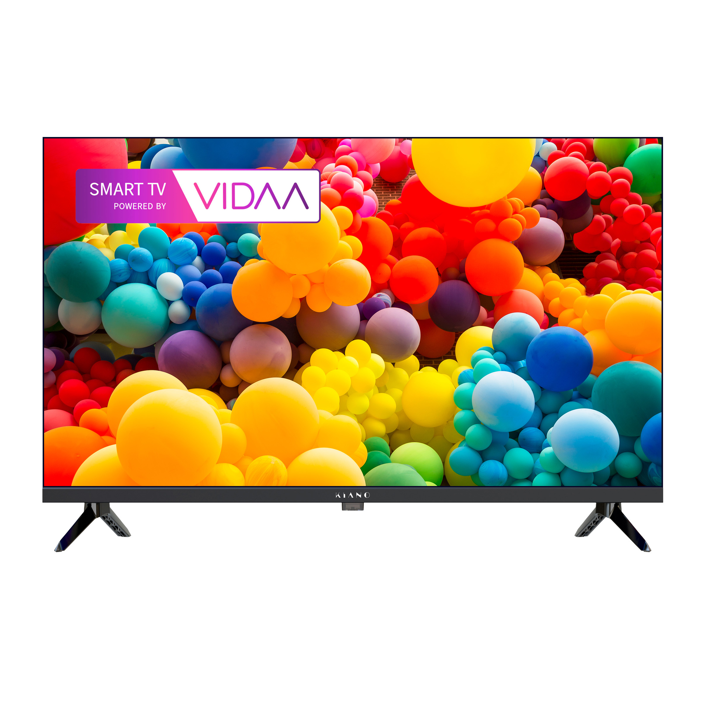 Ein schwarzer Fernseher mit bunten Ballons auf dem Bildschirm.
