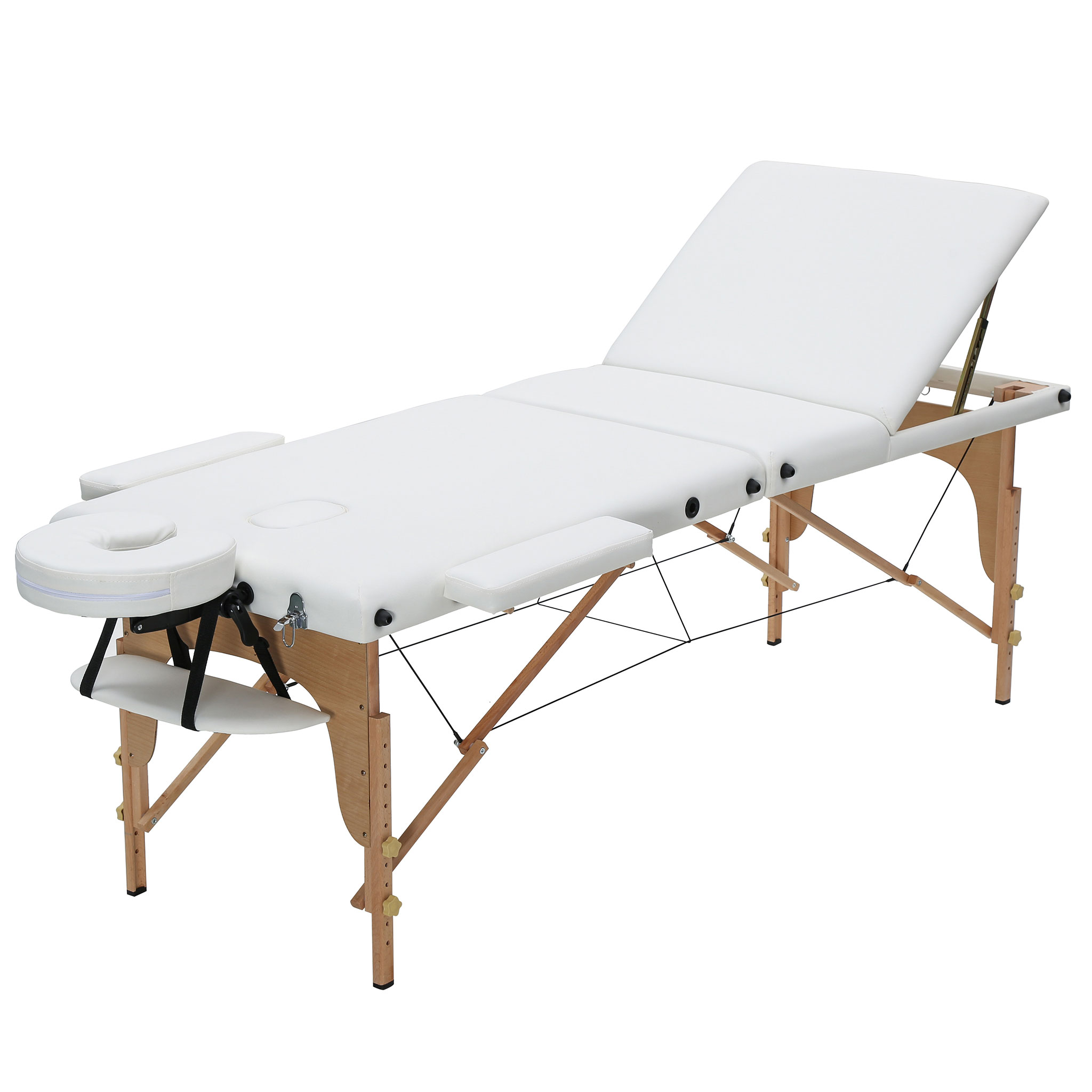 Ein weißer, tragbarer Massagetisch mit Holzrahmen und verstellbarem Kopfteil.