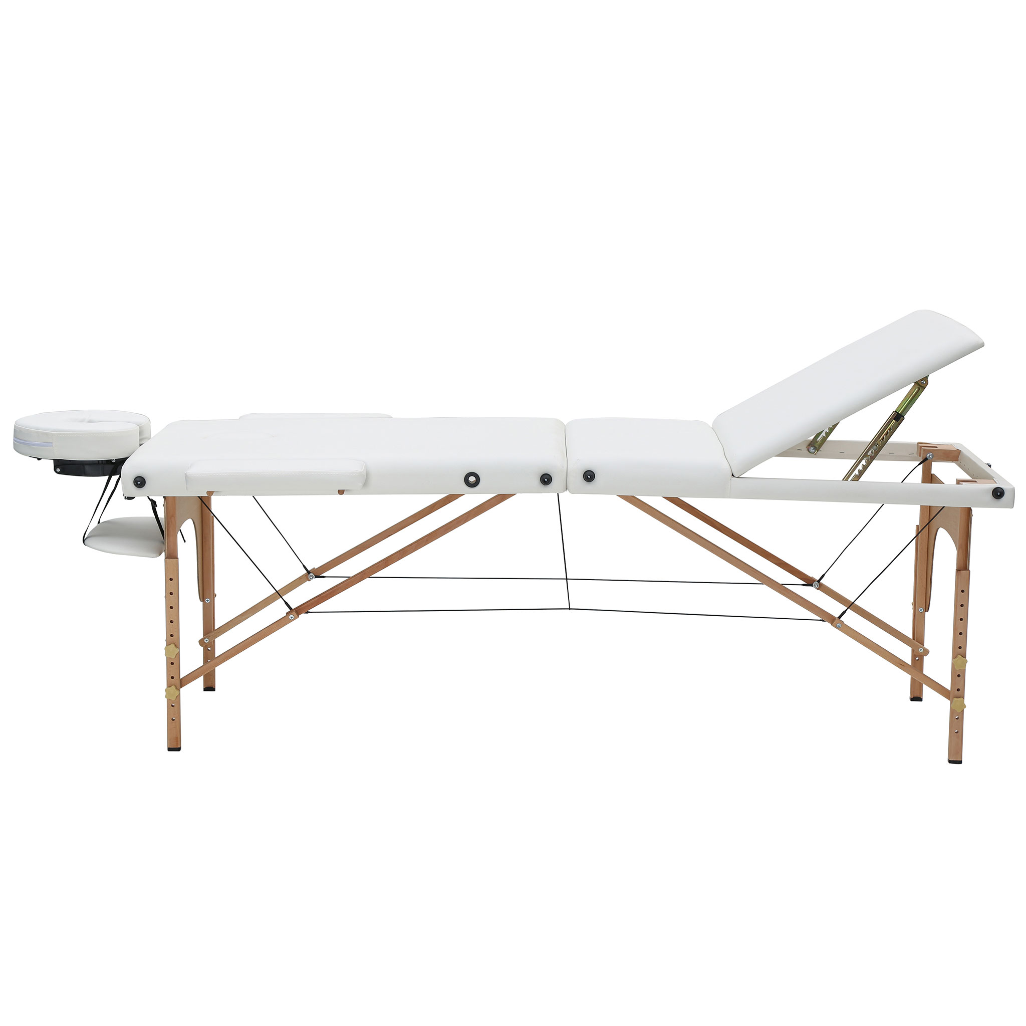 Ein weißer Massagetisch aus Holz mit verstellbarem Kopfteil und Armlehnen.