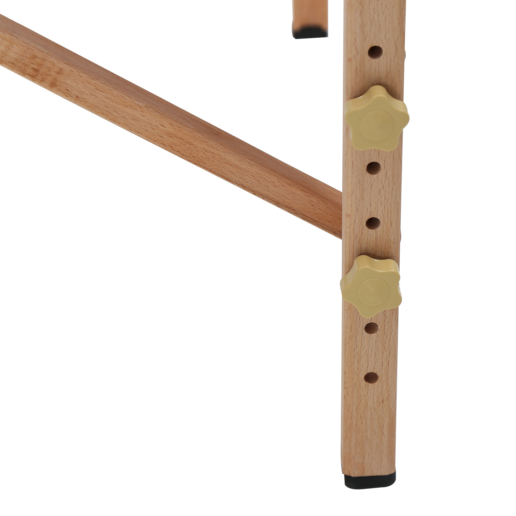 Holzbein mit Sternschraube und Lochmuster für Höhenverstellung.