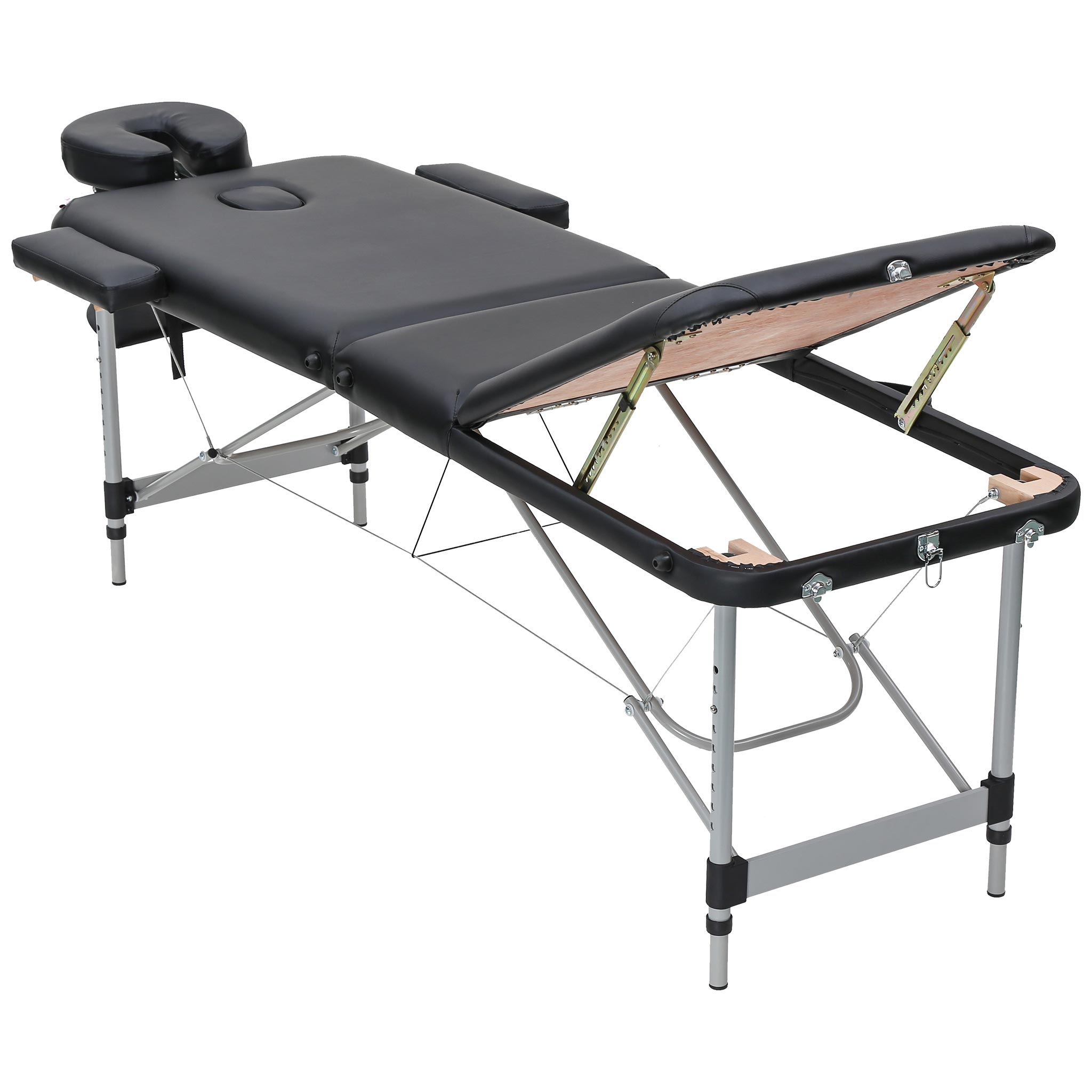 Schwarzer Massagetisch mit verstellbaren Beinen und abnehmbarem Kopfpolster.