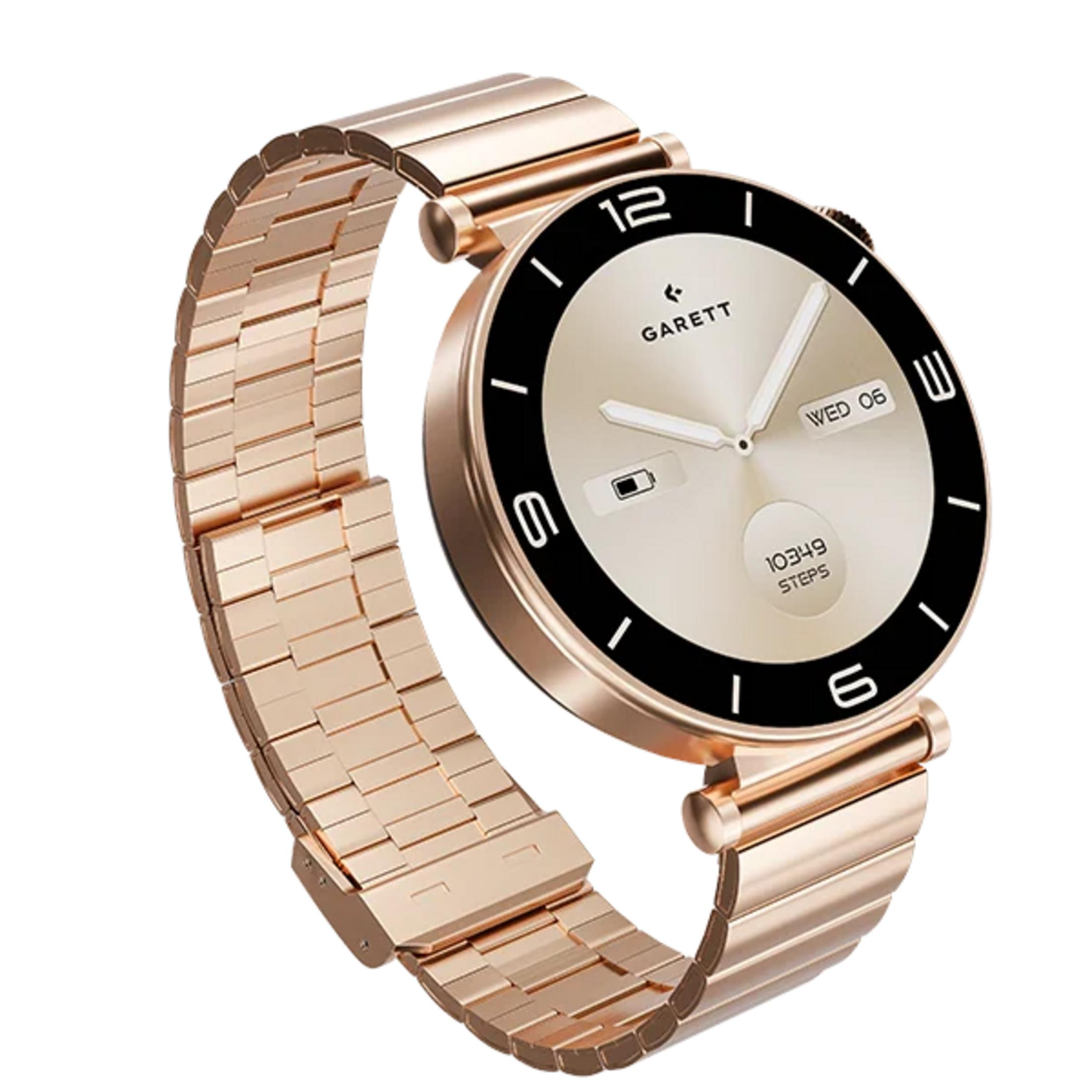 Uno smartwatch color oro rosa con cinturino in metallo.