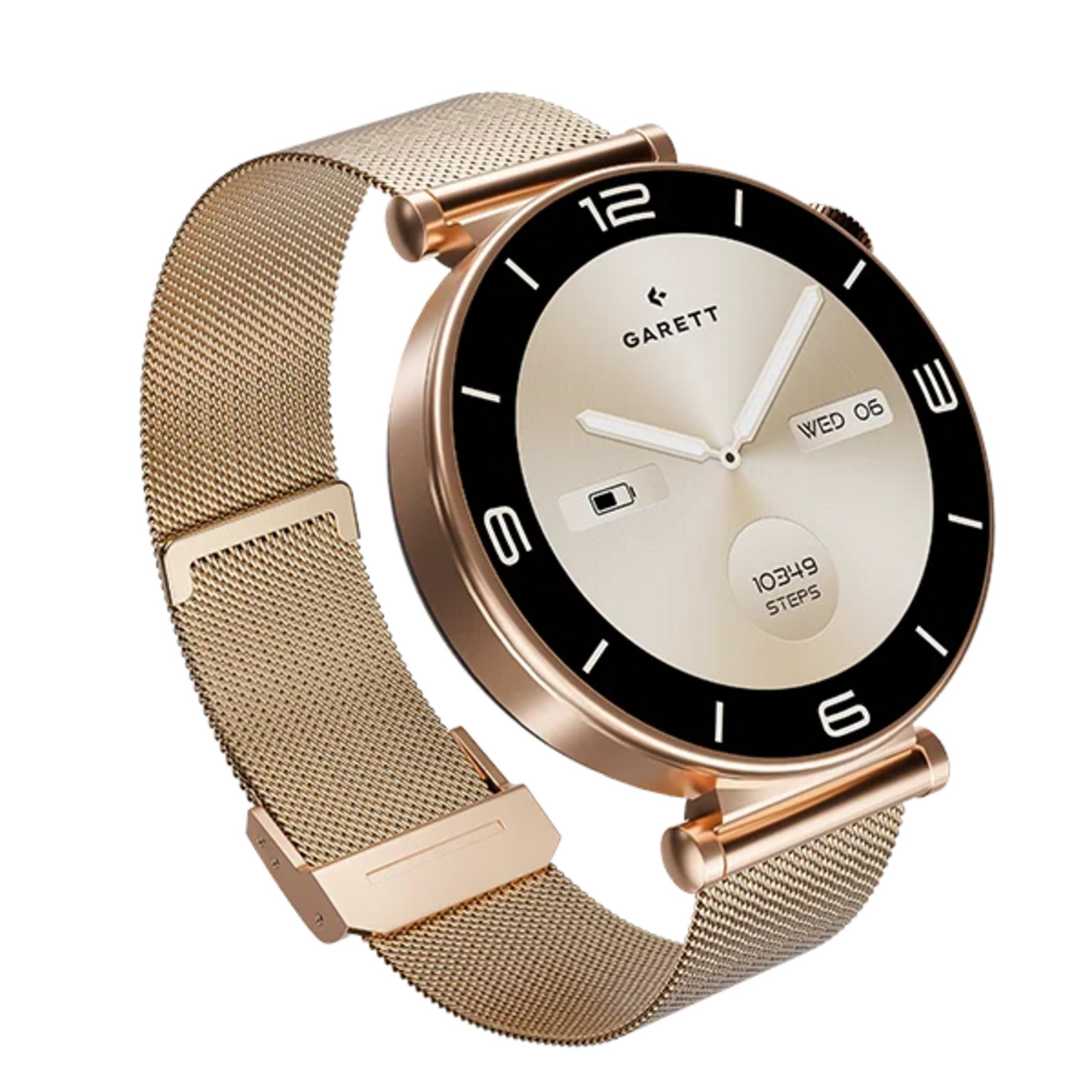 Uno smartwatch dorato con cinturino milanese e quadrante chiaro.