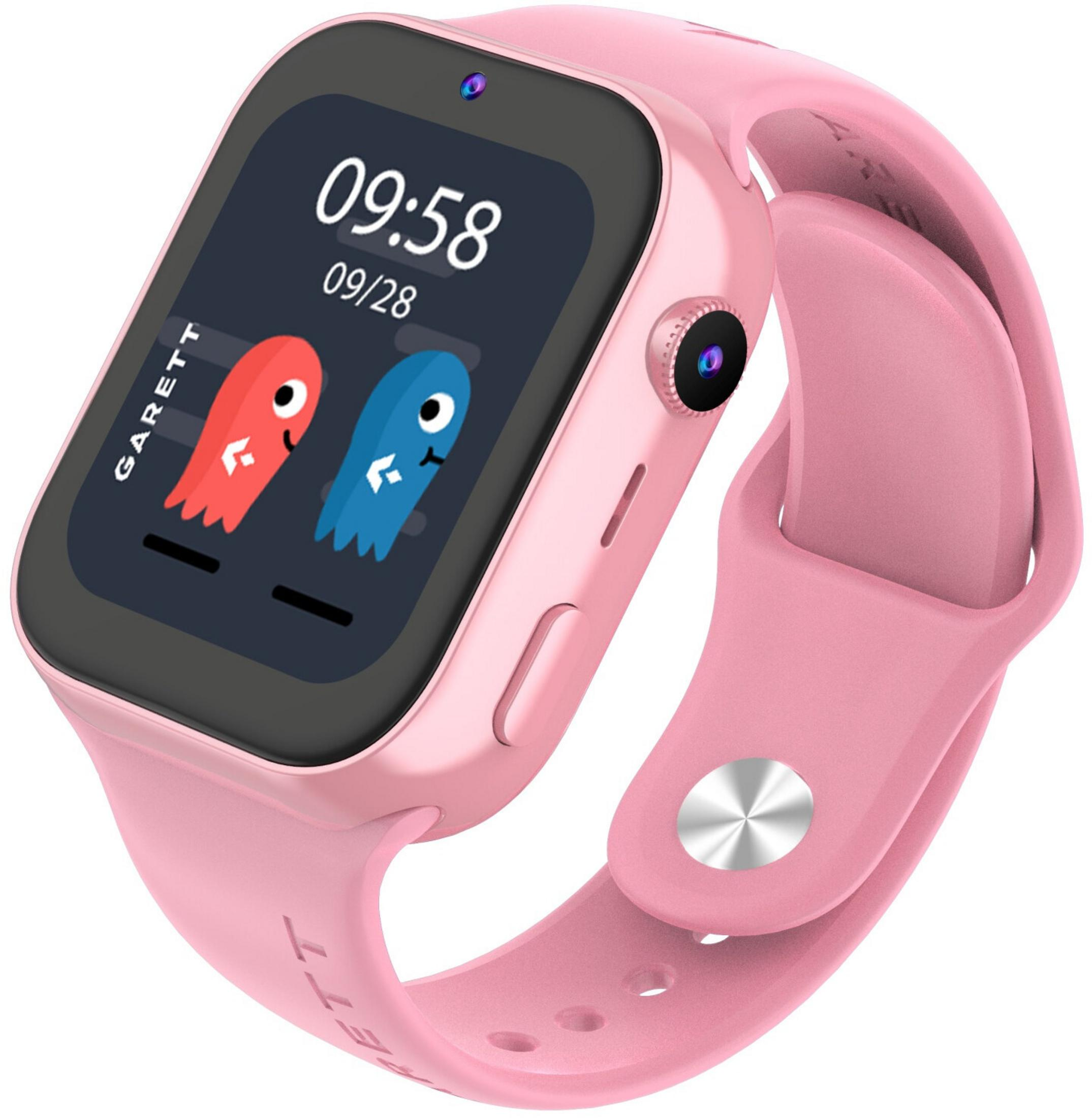 Uno smartwatch rosa che mostra 09:58 e due fantasmi cartoni animati sullo schermo.