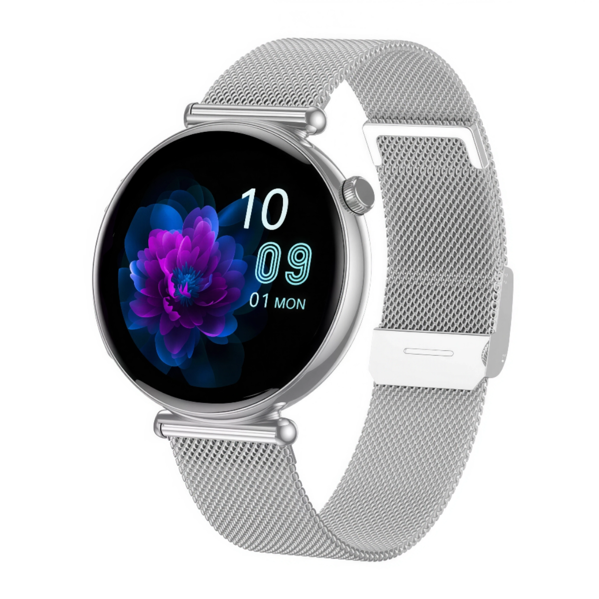 Srebrny smartwatch z siatkową bransoletą wyświetla fioletowo-niebieskie tło kwiatowe, pokazując '10 09 01 MON'.
