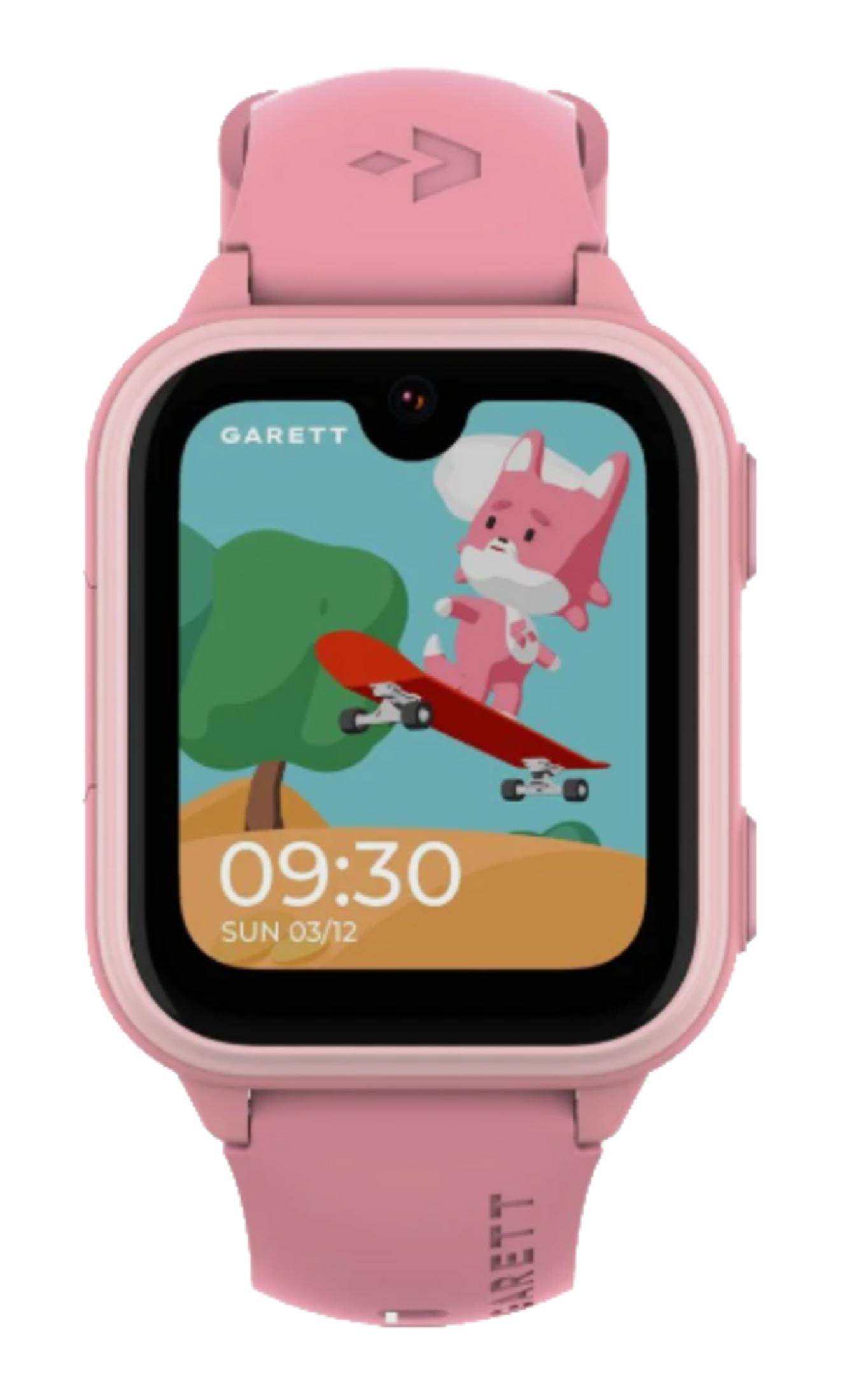 Uno smartwatch rosa che mostra un gattino dei cartoni animati su uno skateboard.