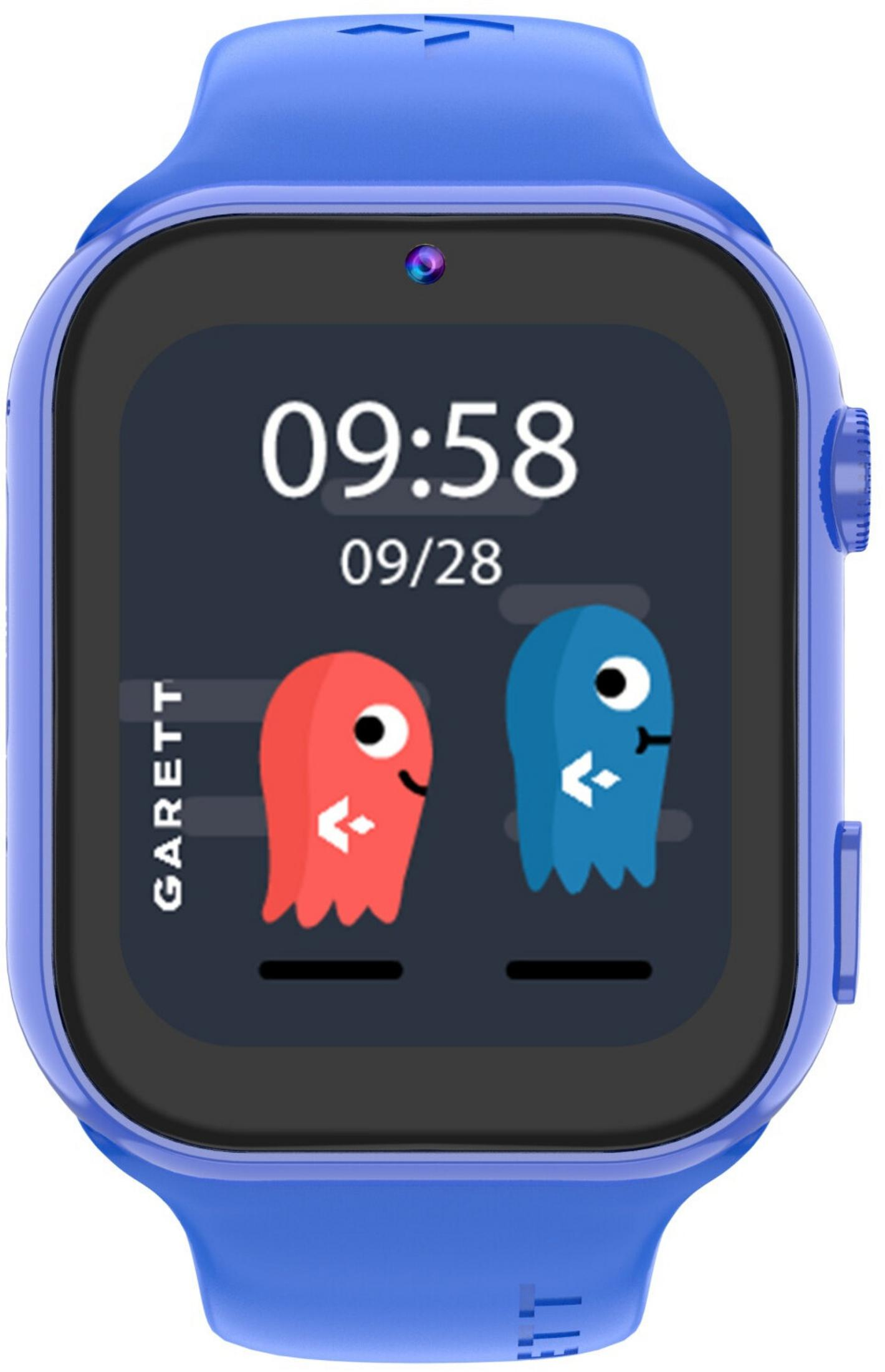 Orologio smart blu che mostra le 09:58 e la data 09/28. Presenta personaggi fantasma.