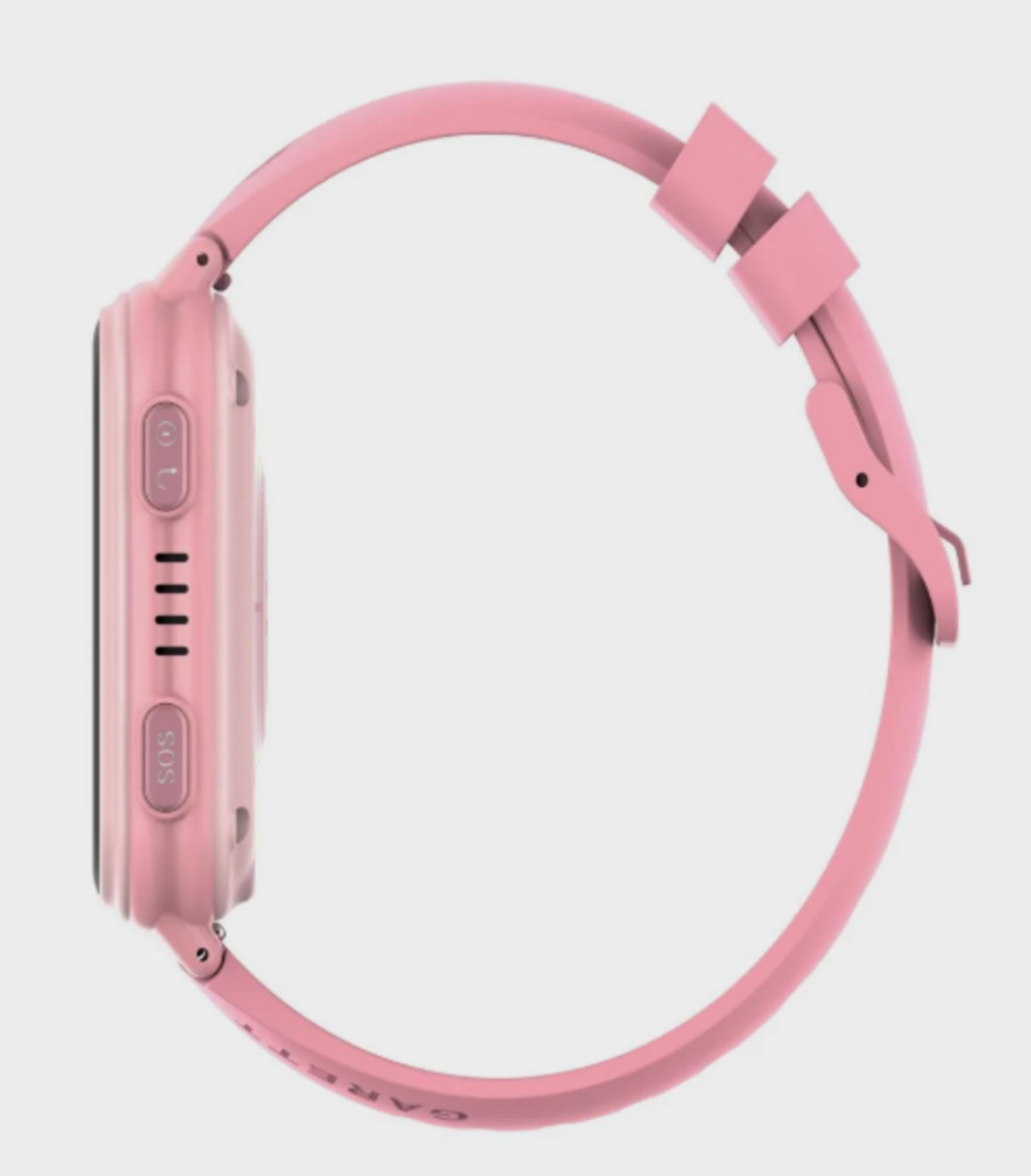 Uno smartwatch rosa con pulsante SOS e quattro indicatori di carica.