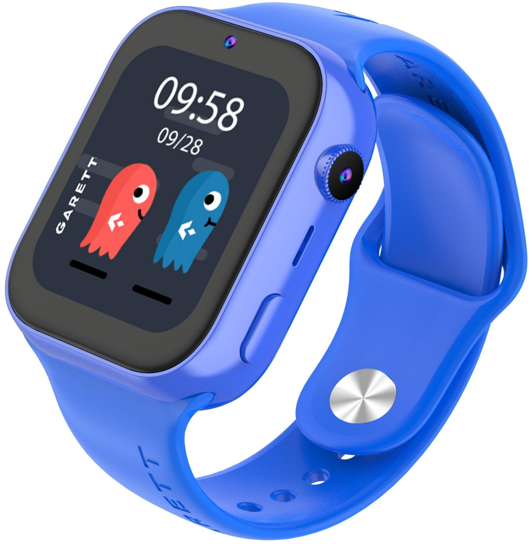 Uno smartwatch per bambini blu con touchscreen che mostra l'ora e due personaggi dei cartoni.