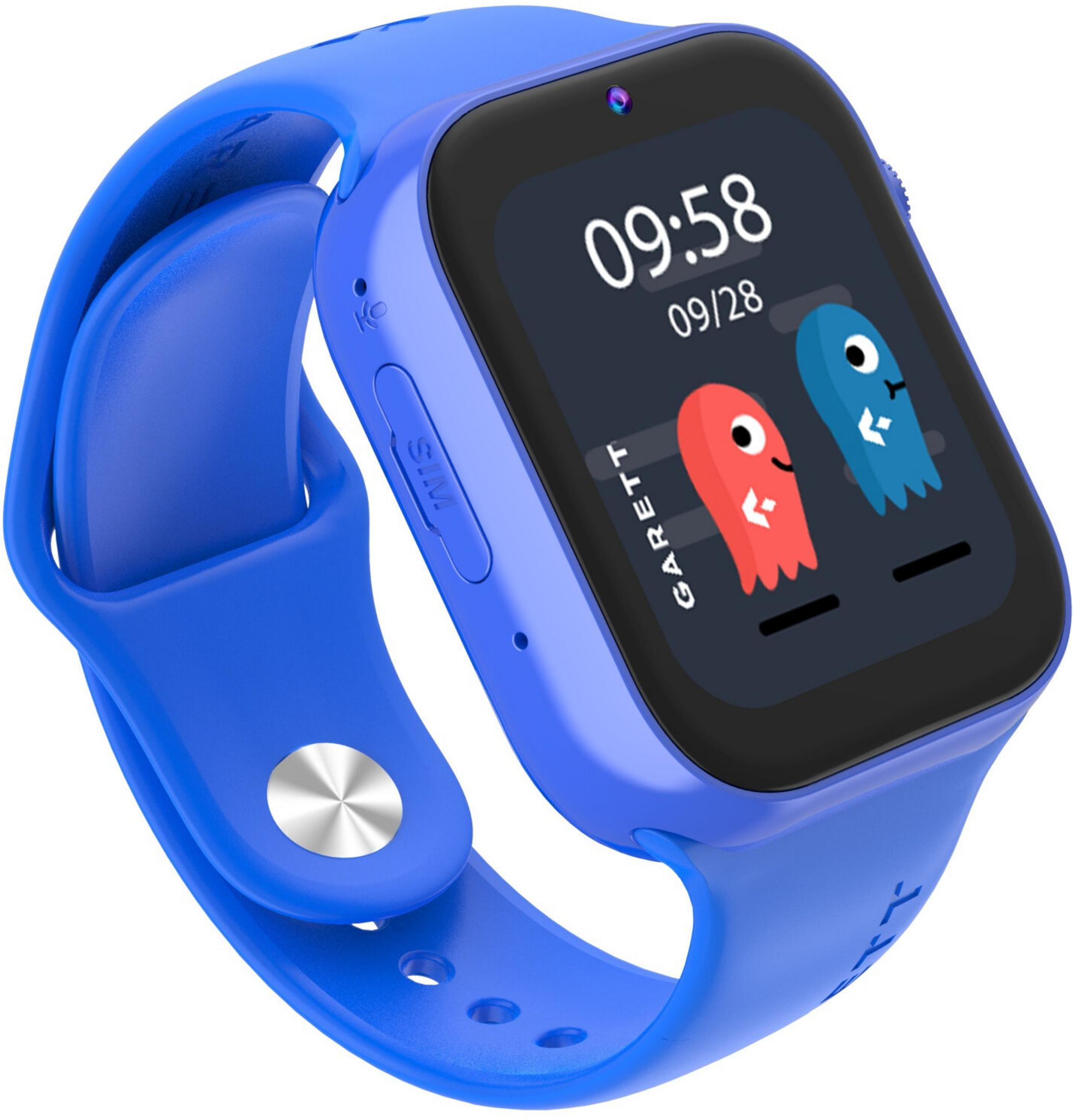 Uno smartwatch blu con schermo scuro che mostra l'ora e due mostri dei cartoni animati.