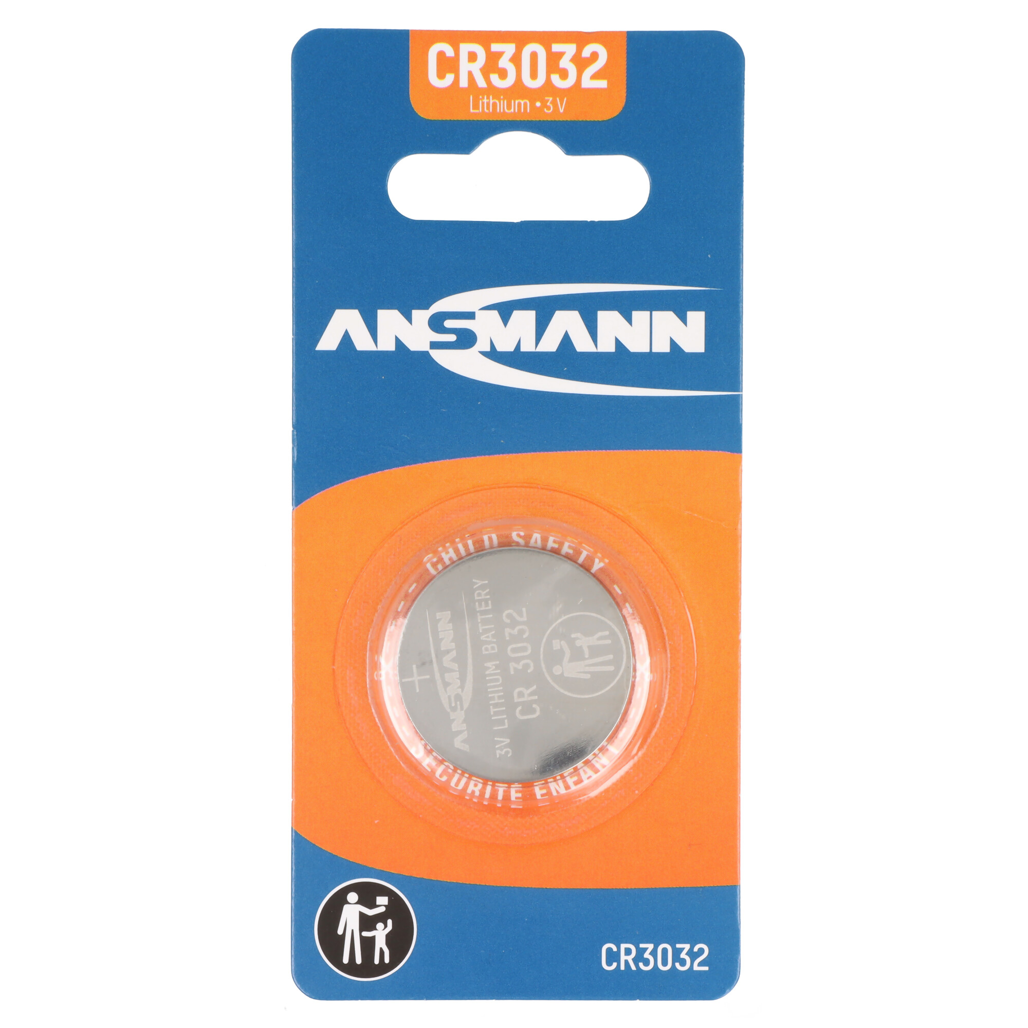 Verpackung einer CR3032 Lithium-Batterie von Ansmann mit Kindersicherung.