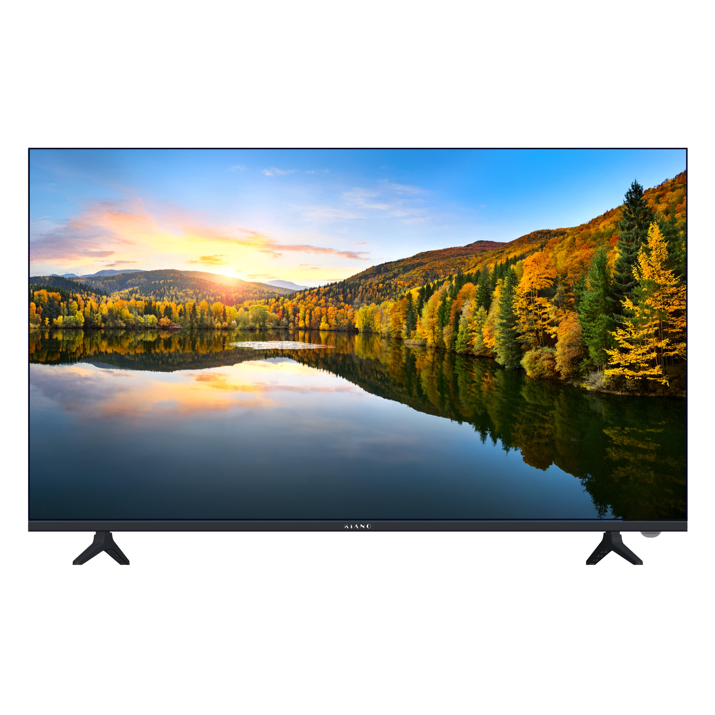 Una TV moderna che mostra una scena autunnale di foresta e lago al tramonto.
