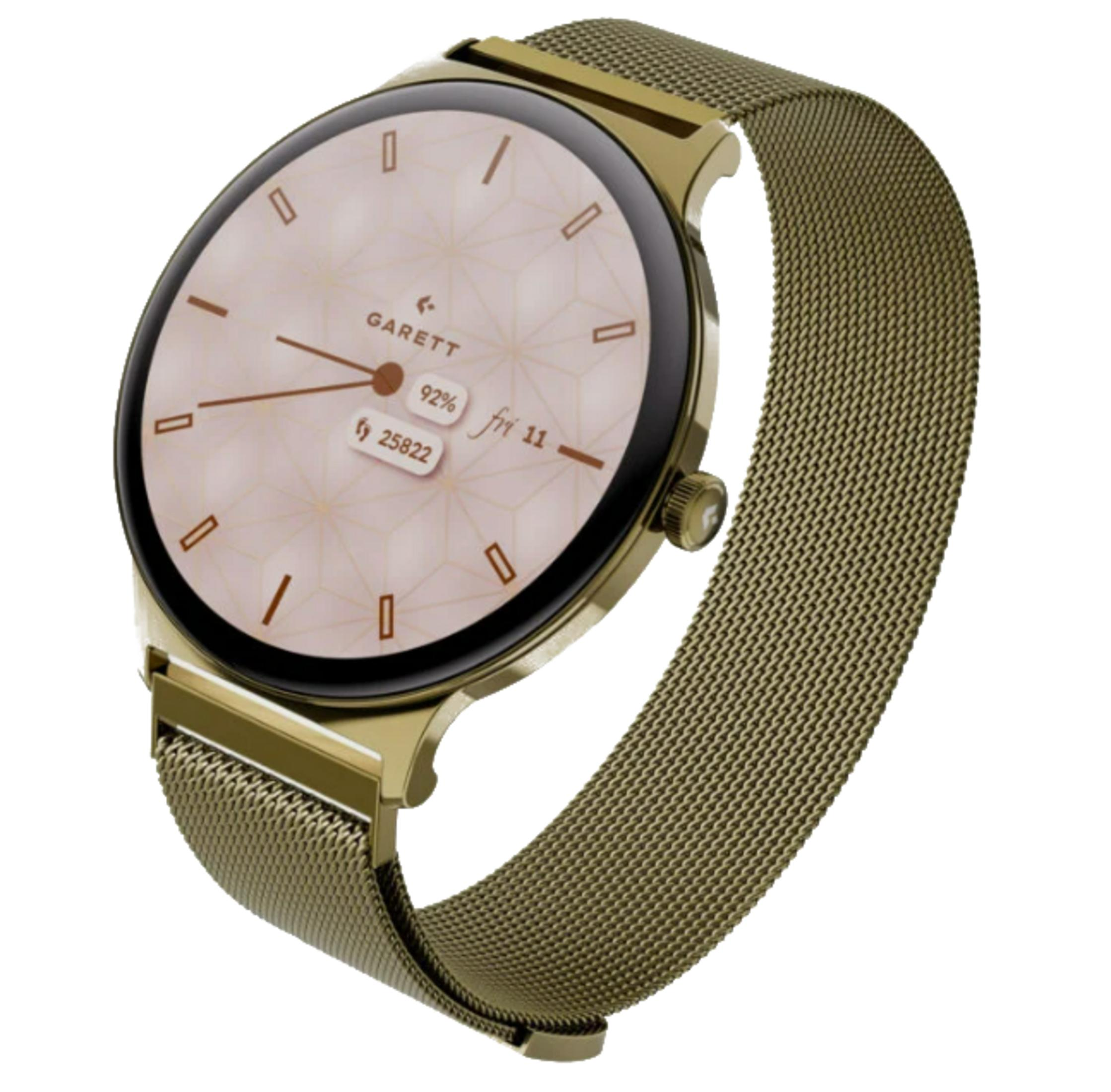 Uno smartwatch dorato con cinturino in maglia e quadrante rosa chiaro con motivo geometrico.