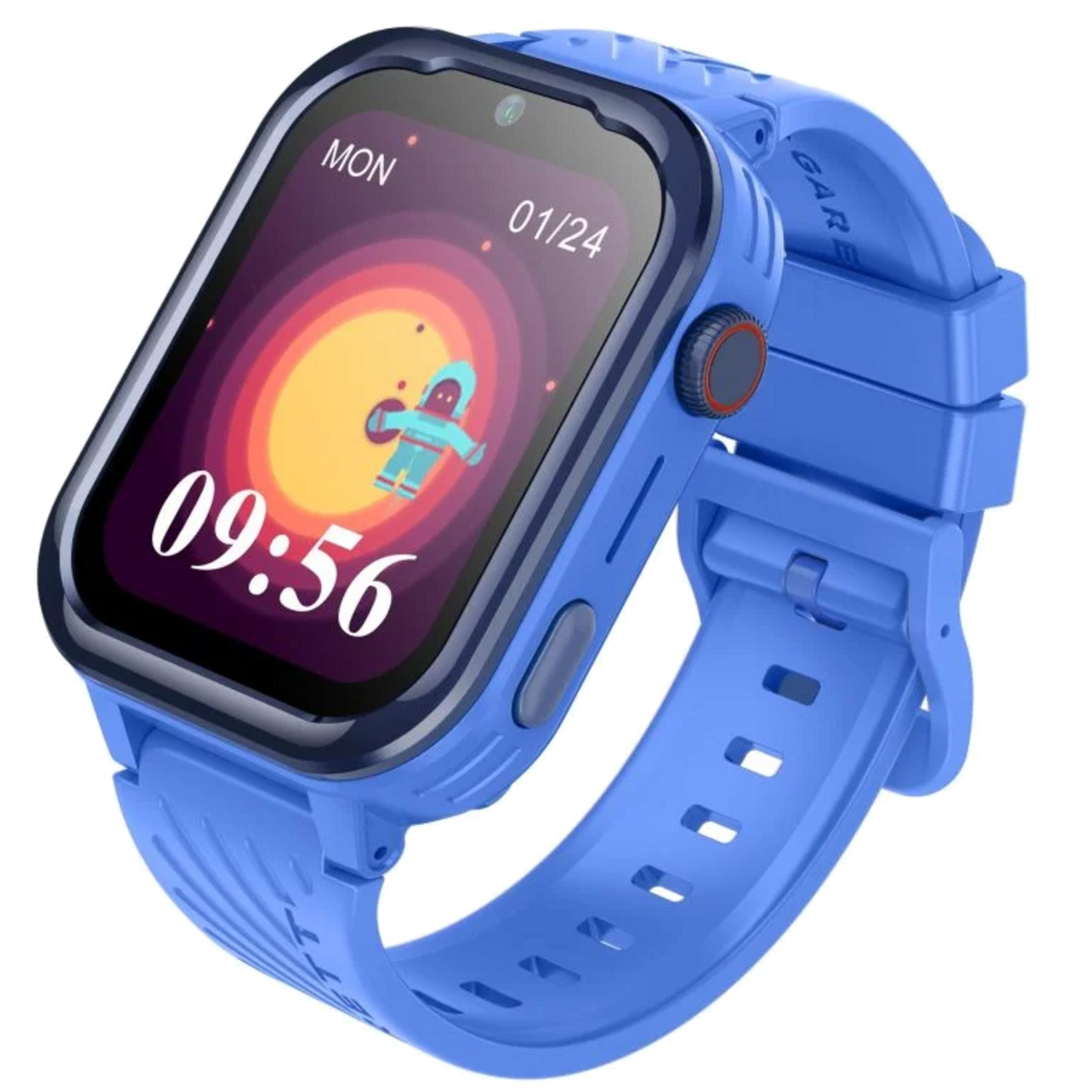 Orologio smart blu con immagine a cartone animato, ora 09:56 e data 01/24.
