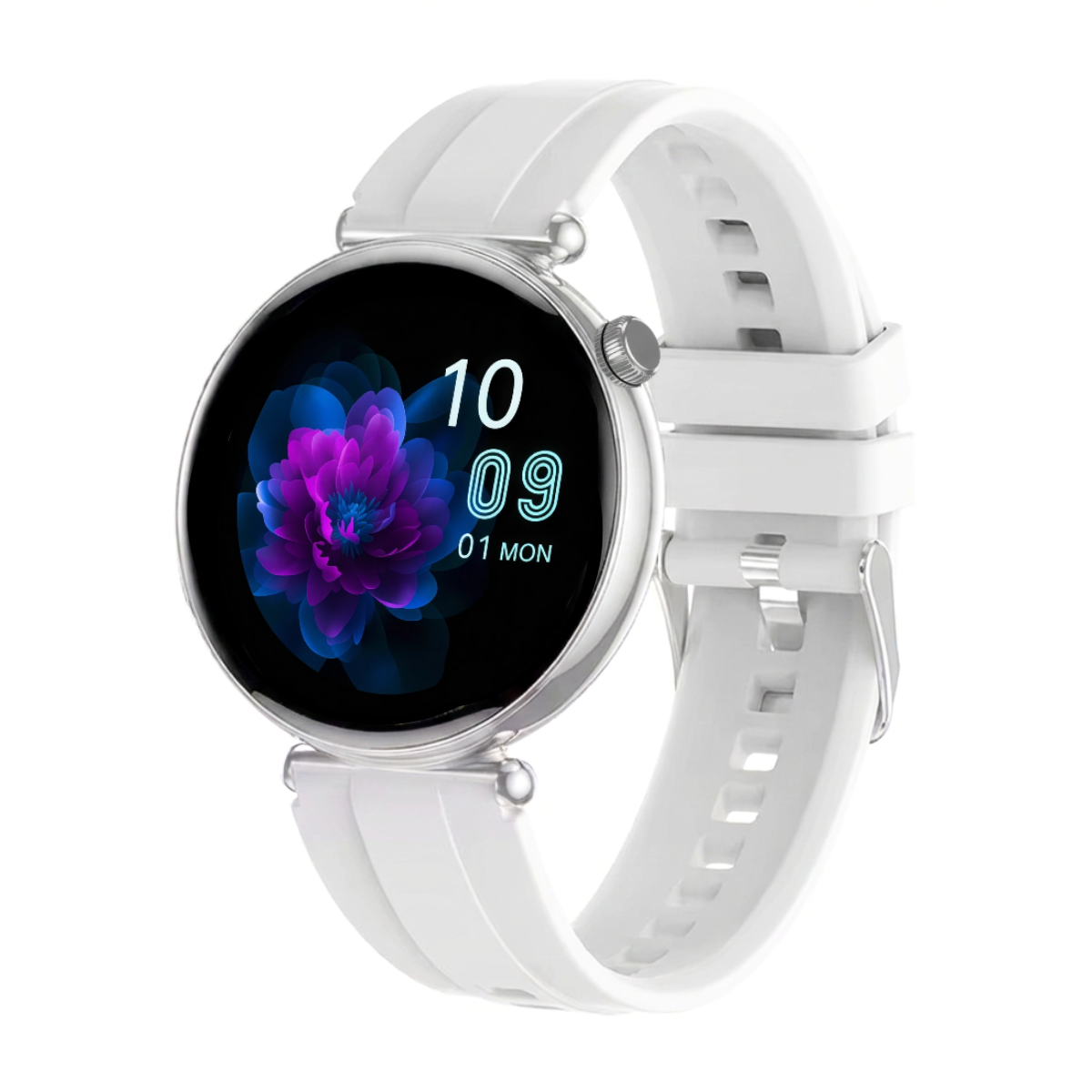 Biały smartwatch z tarczą kwiatową i srebrną obudową. Godzina 10:09.