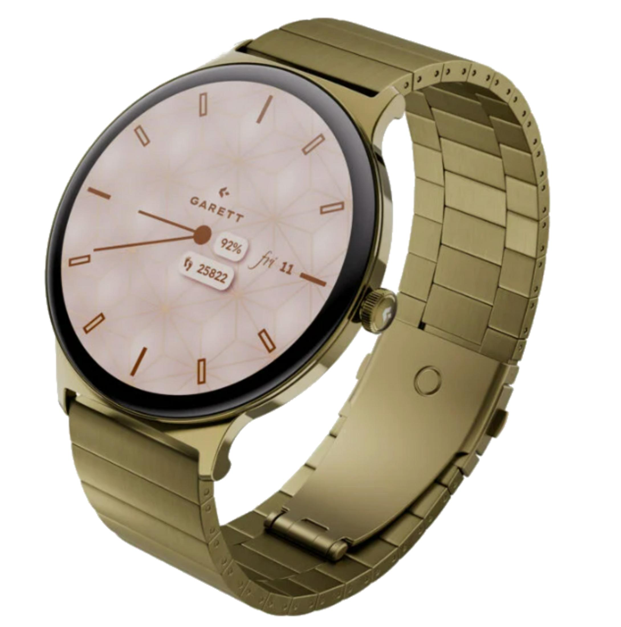 Uno smartwatch dorato con quadrante rosa chiaro e display digitali.