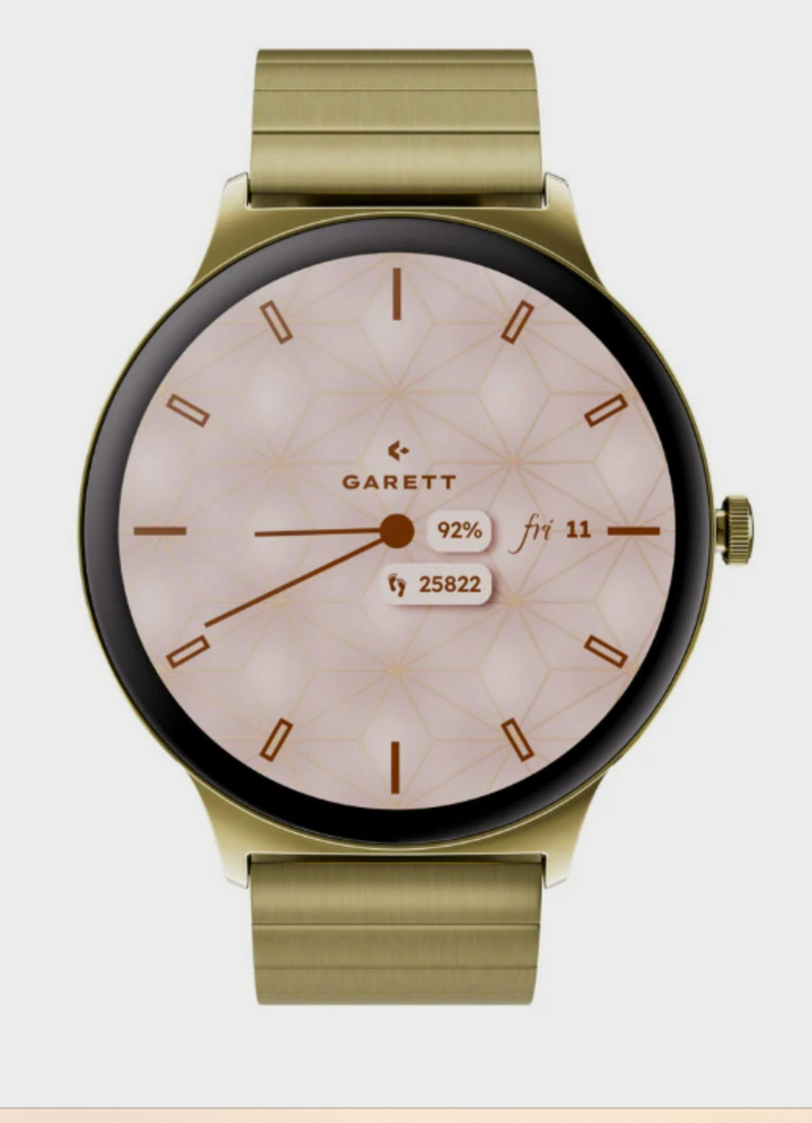 Orologio smart dorato con quadrante rosa chiaro, data e contapassi.