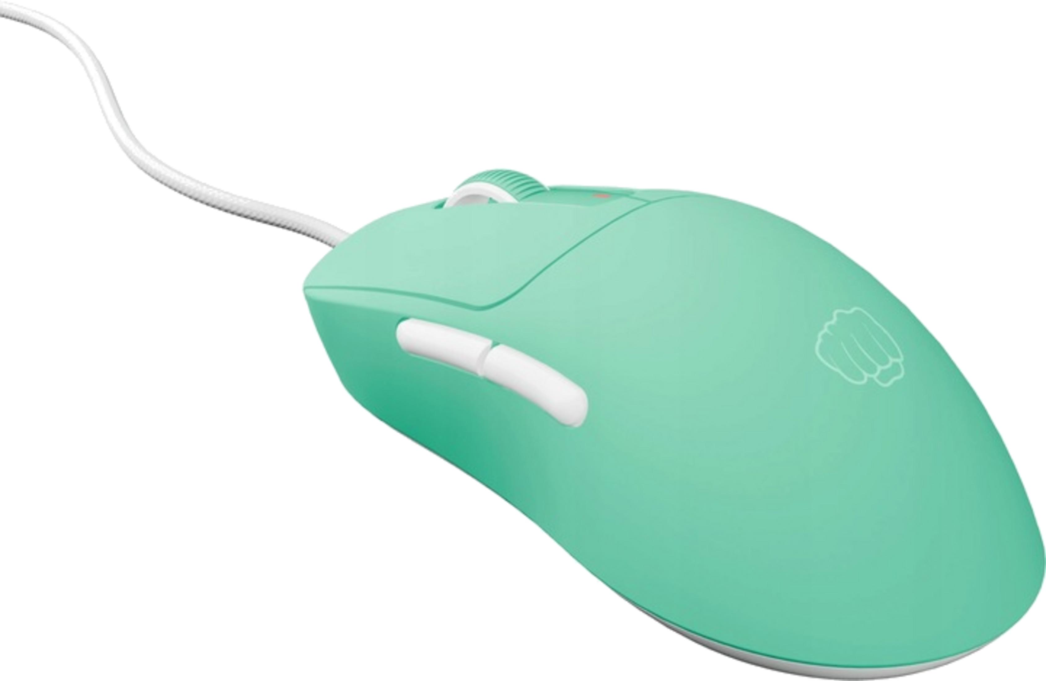 Un mouse da gaming verde menta con rotella e pulsanti bianchi. Un logo in alto.