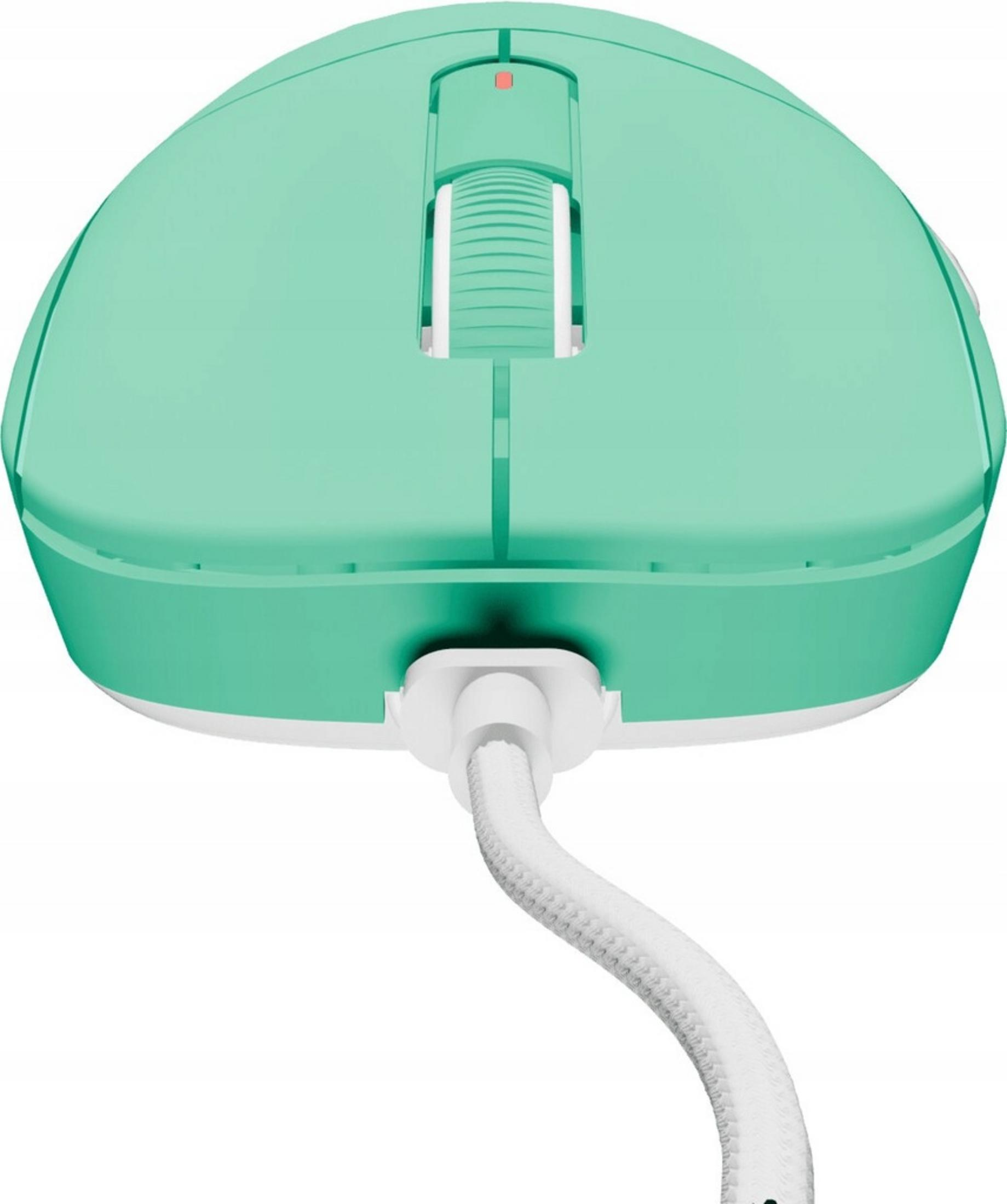 Un mouse per computer verde acqua con cavo bianco e rotellina.