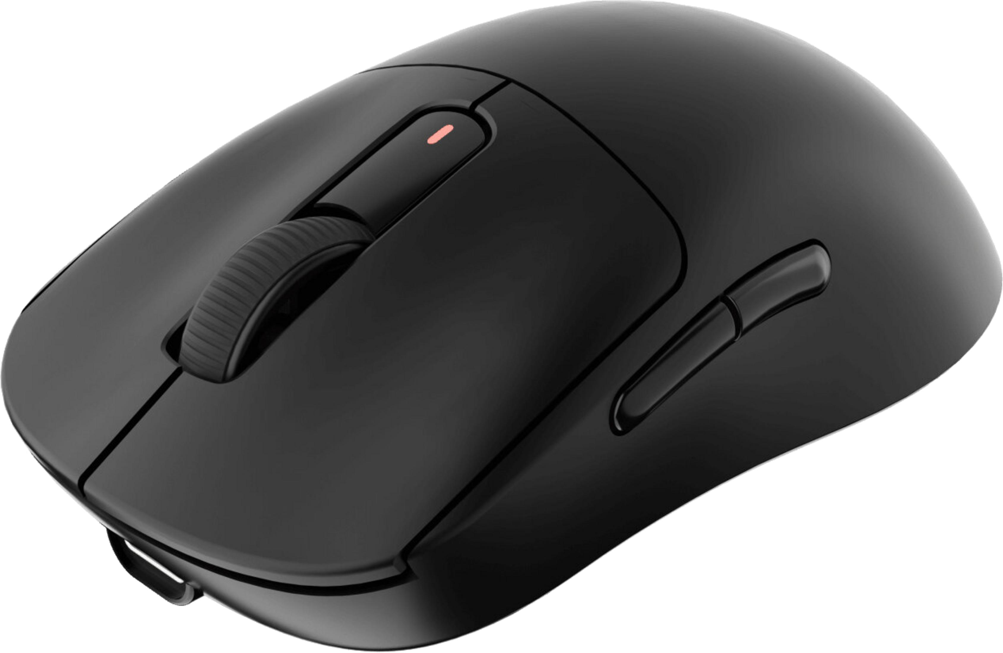 Mouse wireless nero con rotellina di scorrimento e spia di ricarica rossa.
