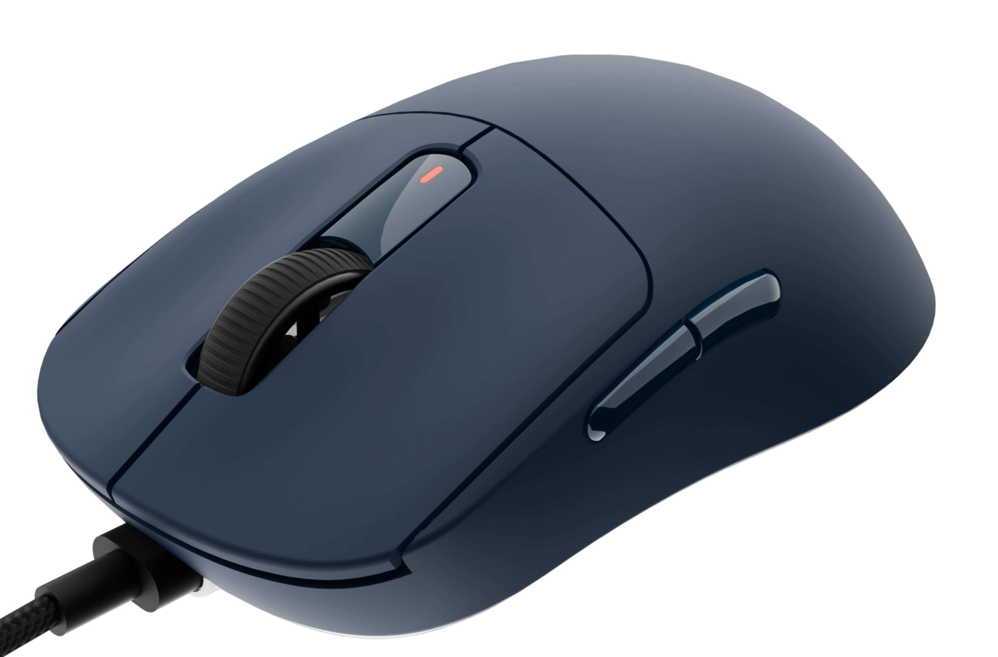 Mouse per computer blu scuro con rotella, luce rossa e due pulsanti laterali.