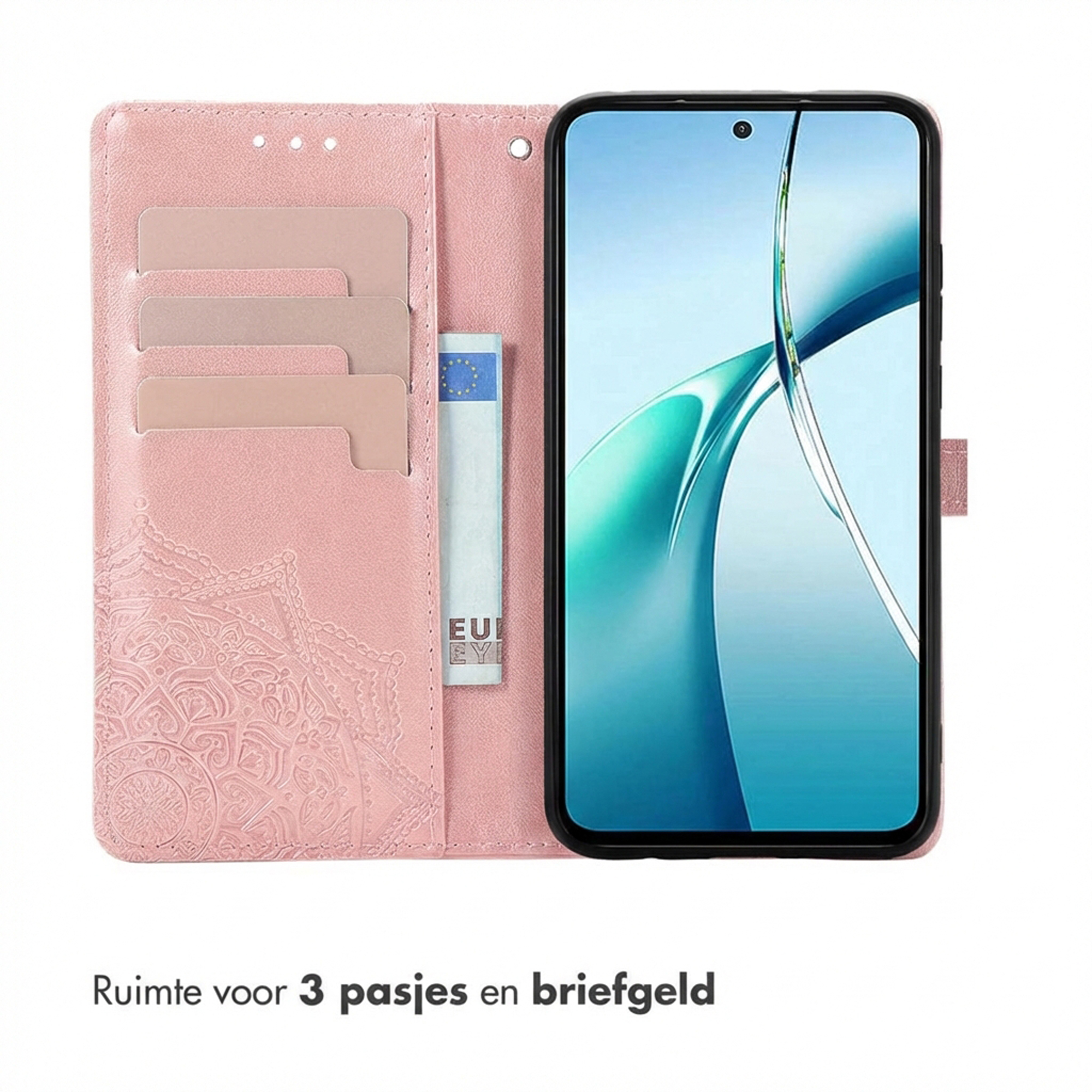 Een roze telefoonhoes met kaartsleuven en geldvak.