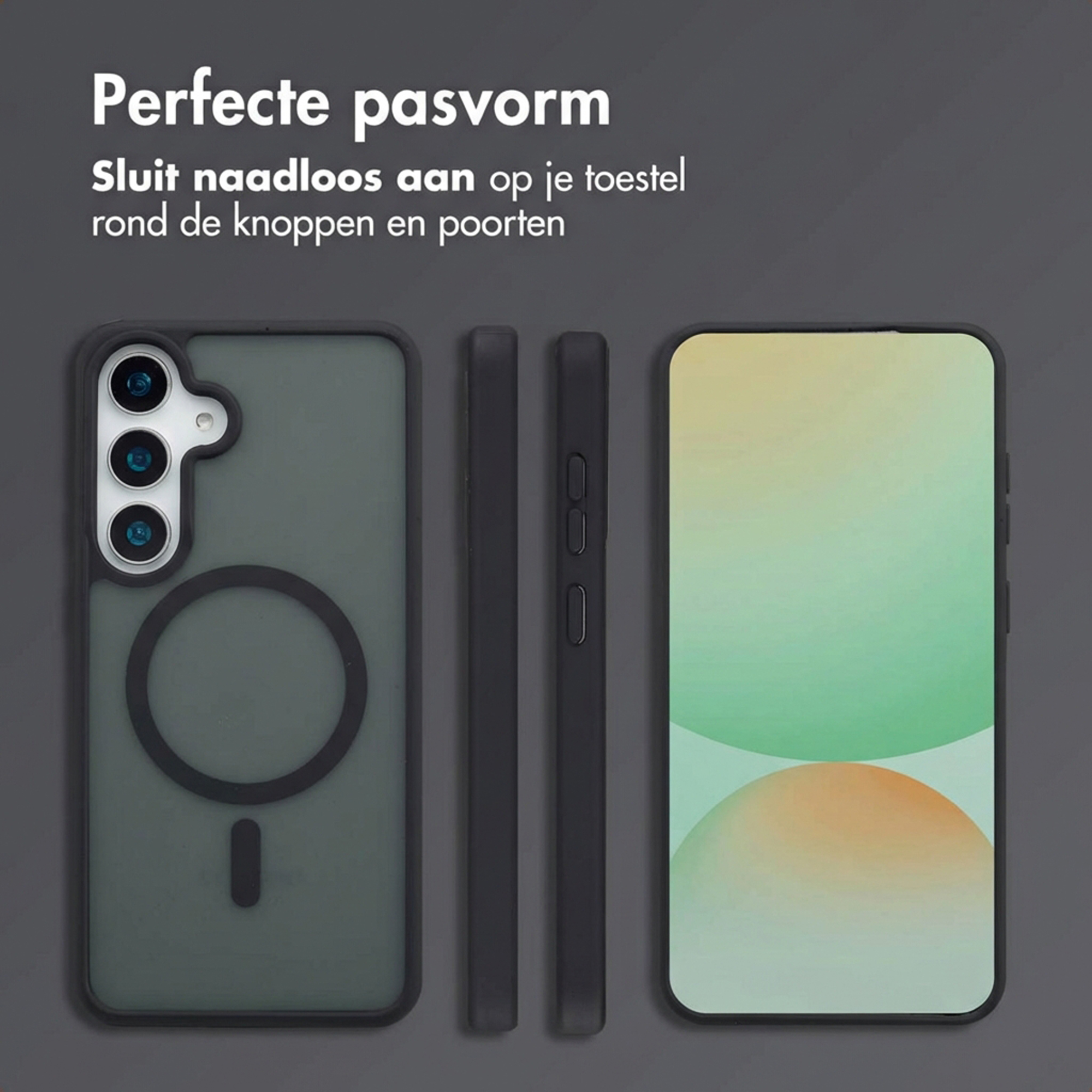 Trois coques de téléphone: une arrière avec caméras, une vue latérale, une vue avant.