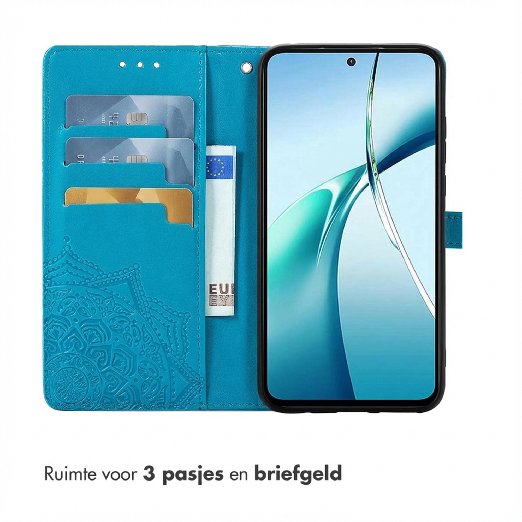 Coque de téléphone turquoise avec fentes pour cartes et gaufrage mandala.