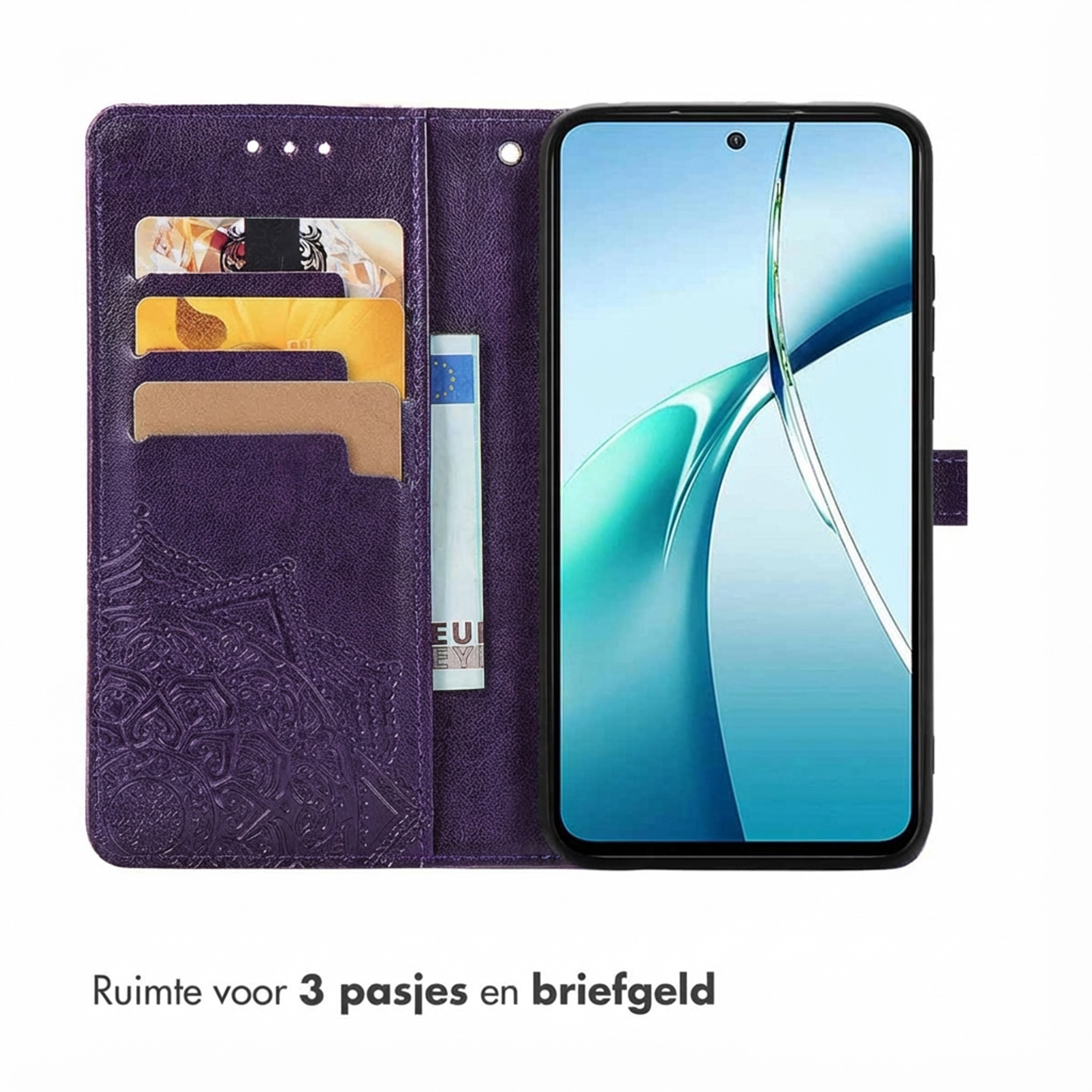 Étui violet pour téléphone avec fentes pour cartes et téléphone.