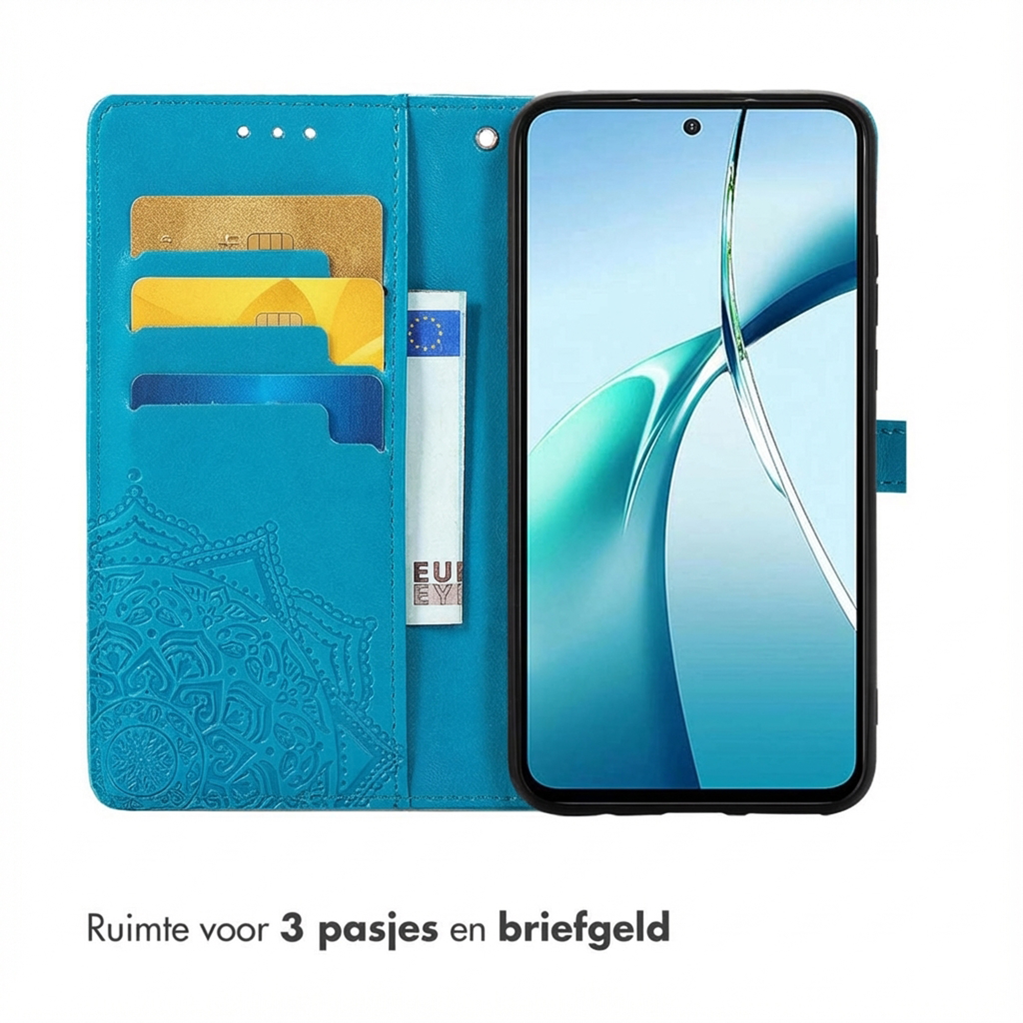 Een blauwe telefoonhoes met kaarthouders en een telefoon.