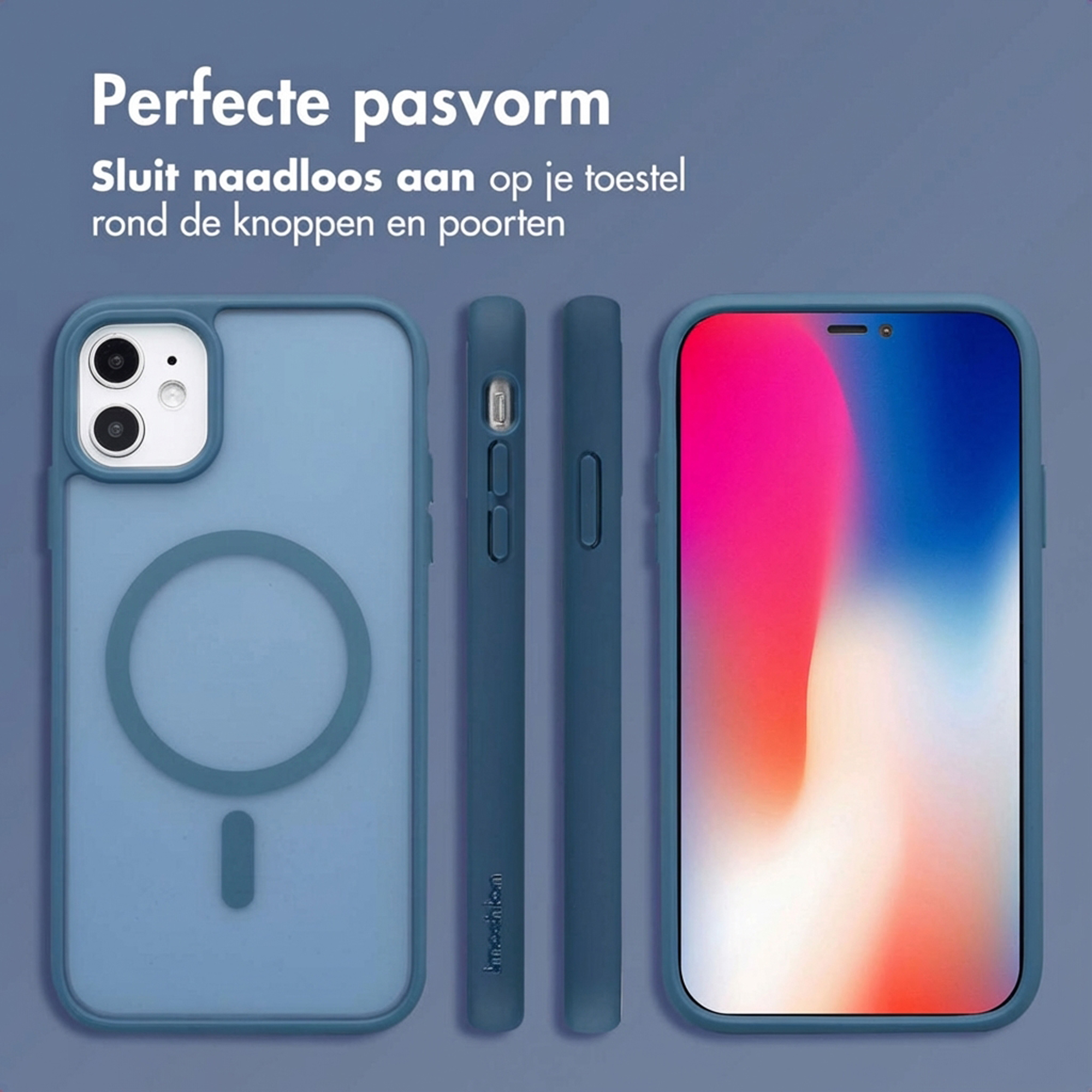 Coque de téléphone bleue, vues de côté et un smartphone avec écran coloré.