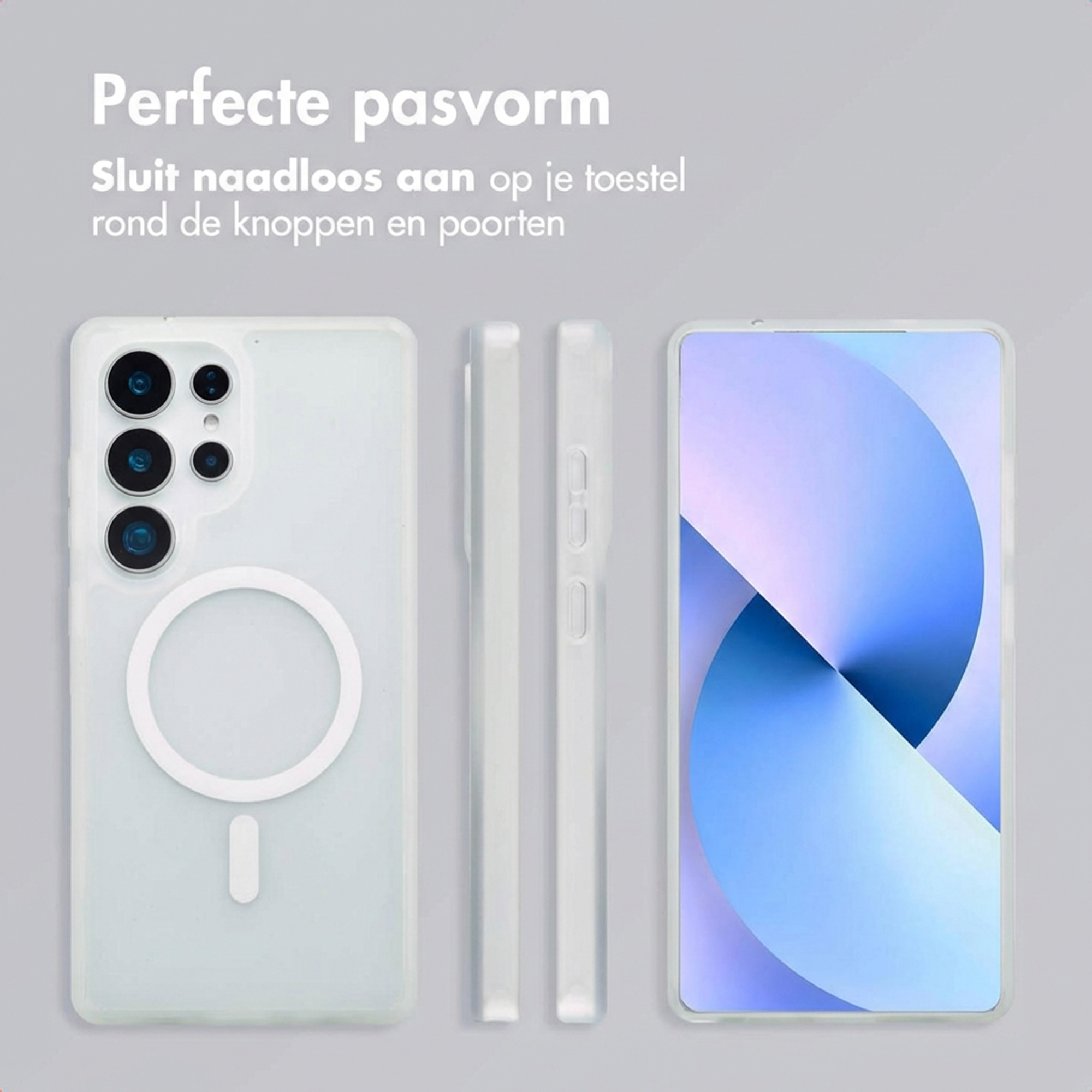 Een doorzichtige telefoonhoes met magneetring en een telefoon met blauwe achtergrond.