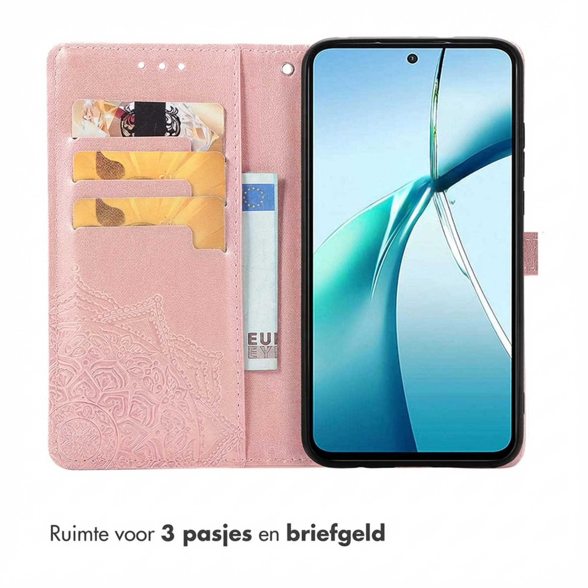 Een roze telefoonhoesje met kaarthouders en een telefoon.