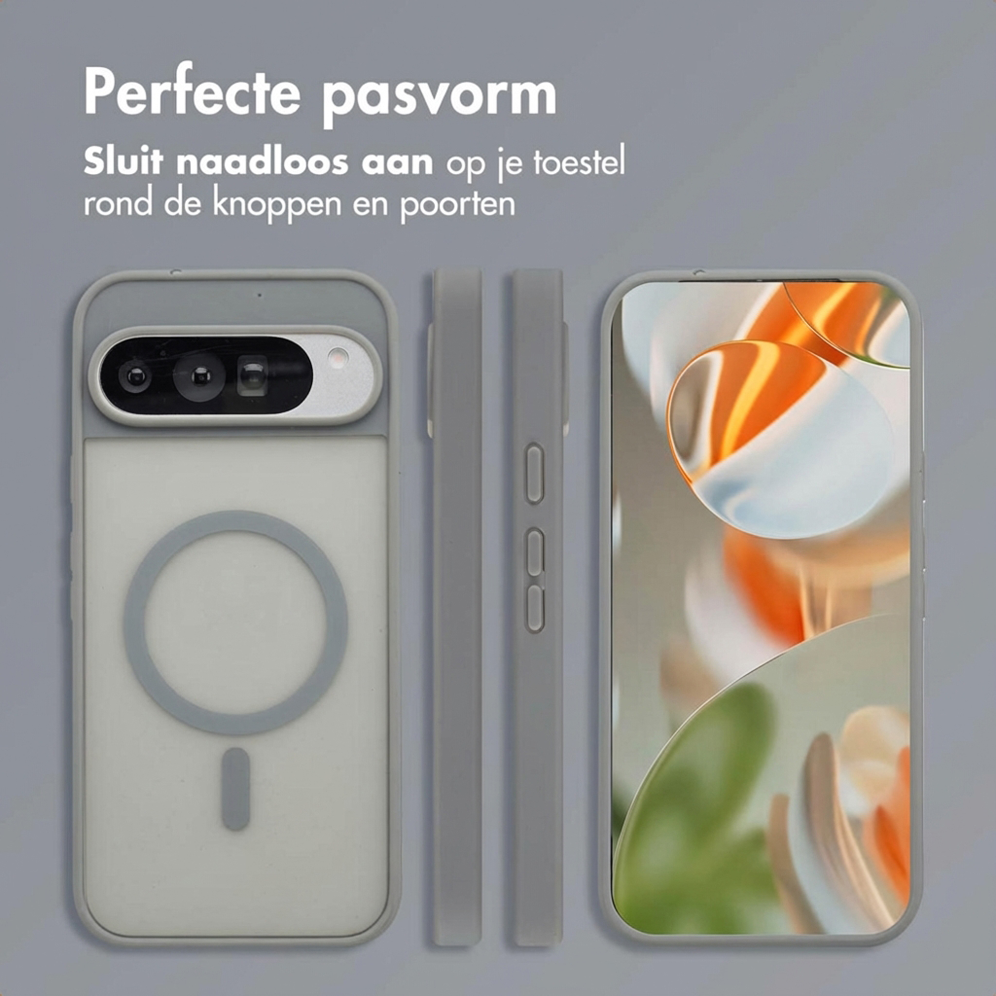 Coque grise pour téléphone avec caméras et anneau MagSafe. Boutons ajustés.